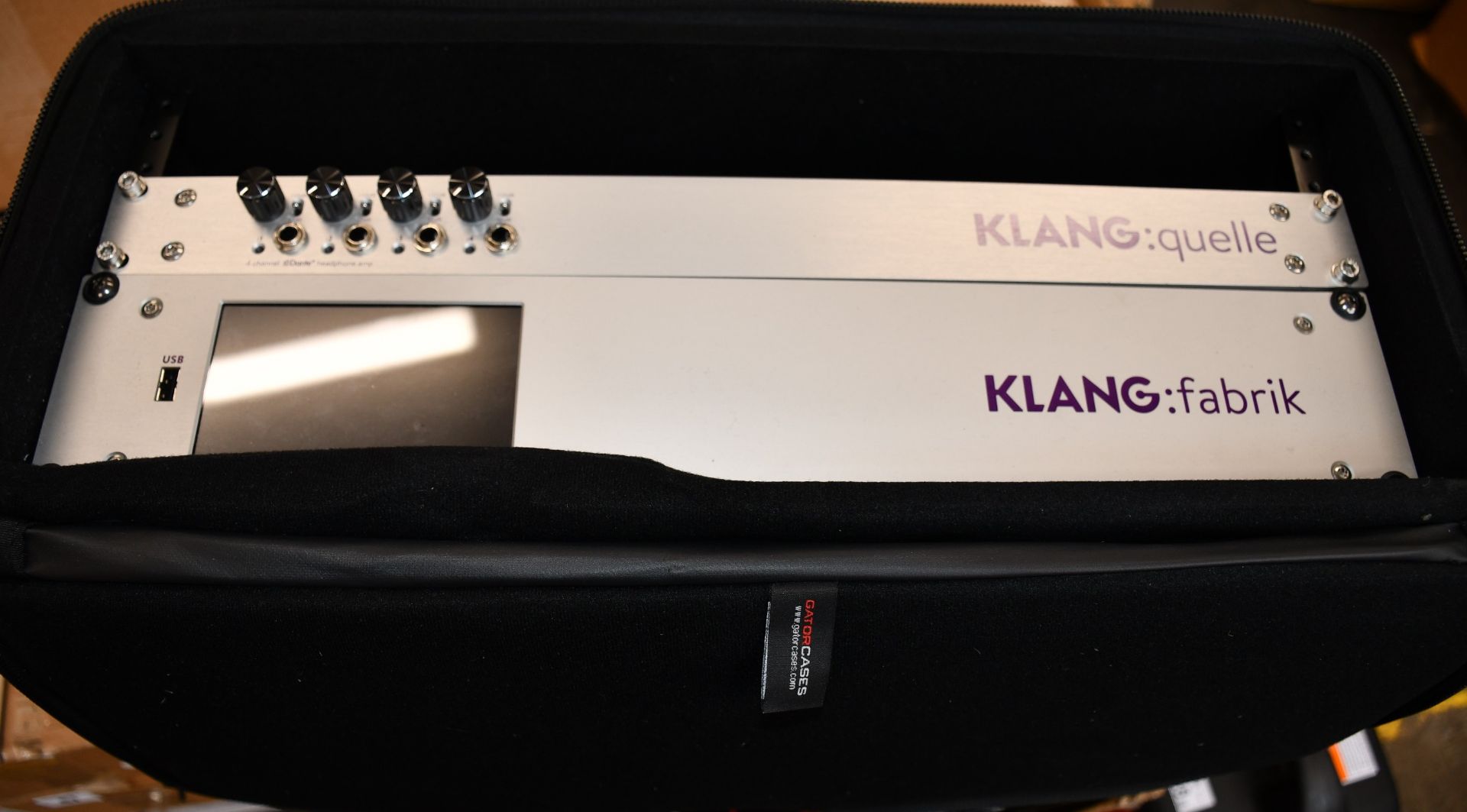 A Klang: Quelle 4 channel headphone amplifier and a Klang: Fabrique 3D personal monitor system, both