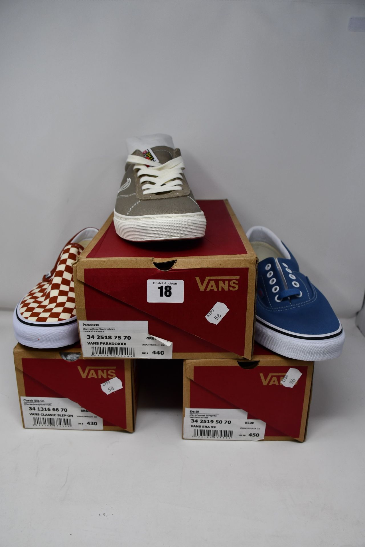 Three pairs of as new Vans footwear; Classic slip-on (UK 8), Vans Era 59 (UK 10) and Paradoxxx (UK