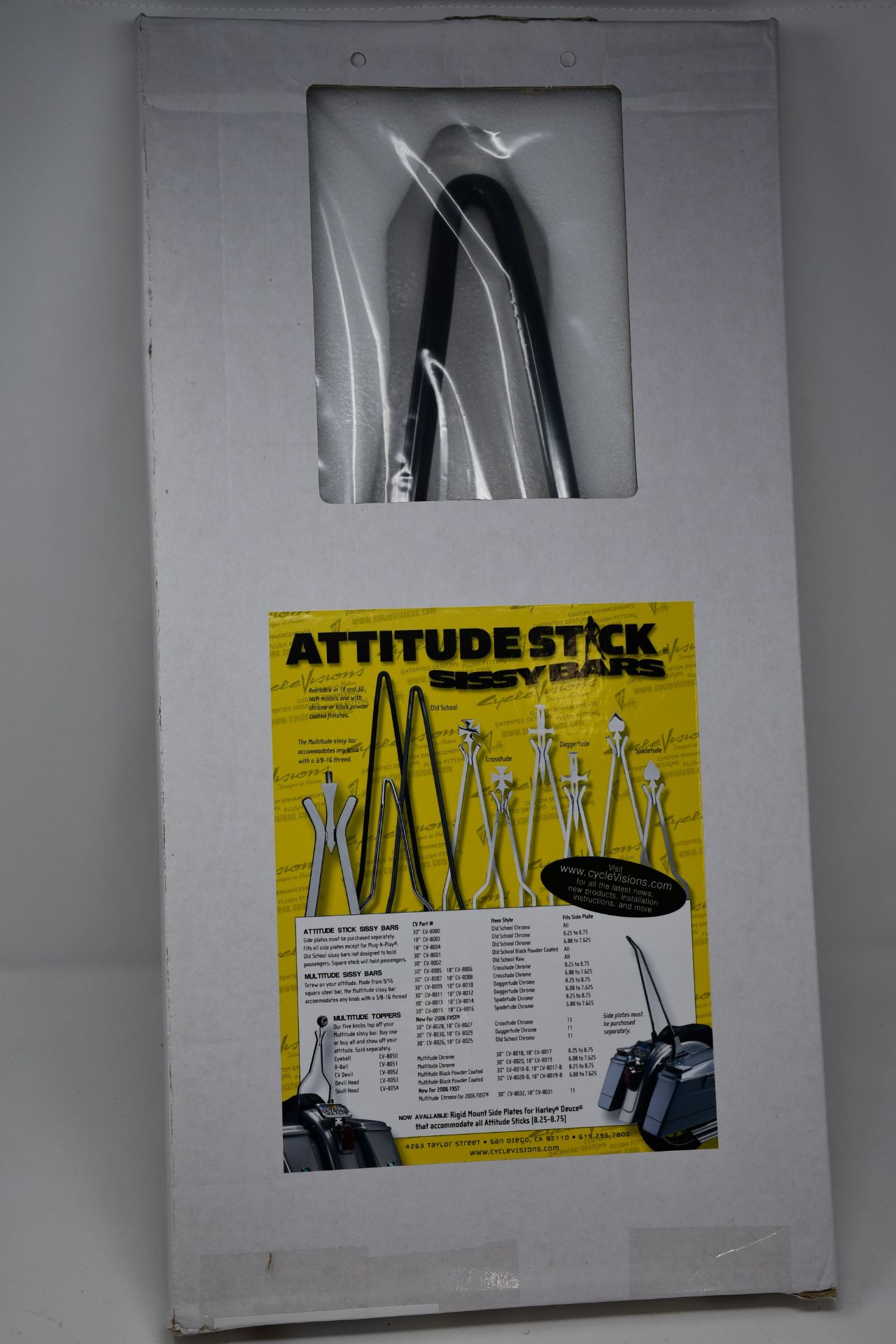 One boxed as new CycleVisions Attitude 18" Sissy Bar in black (CV 8025 B).