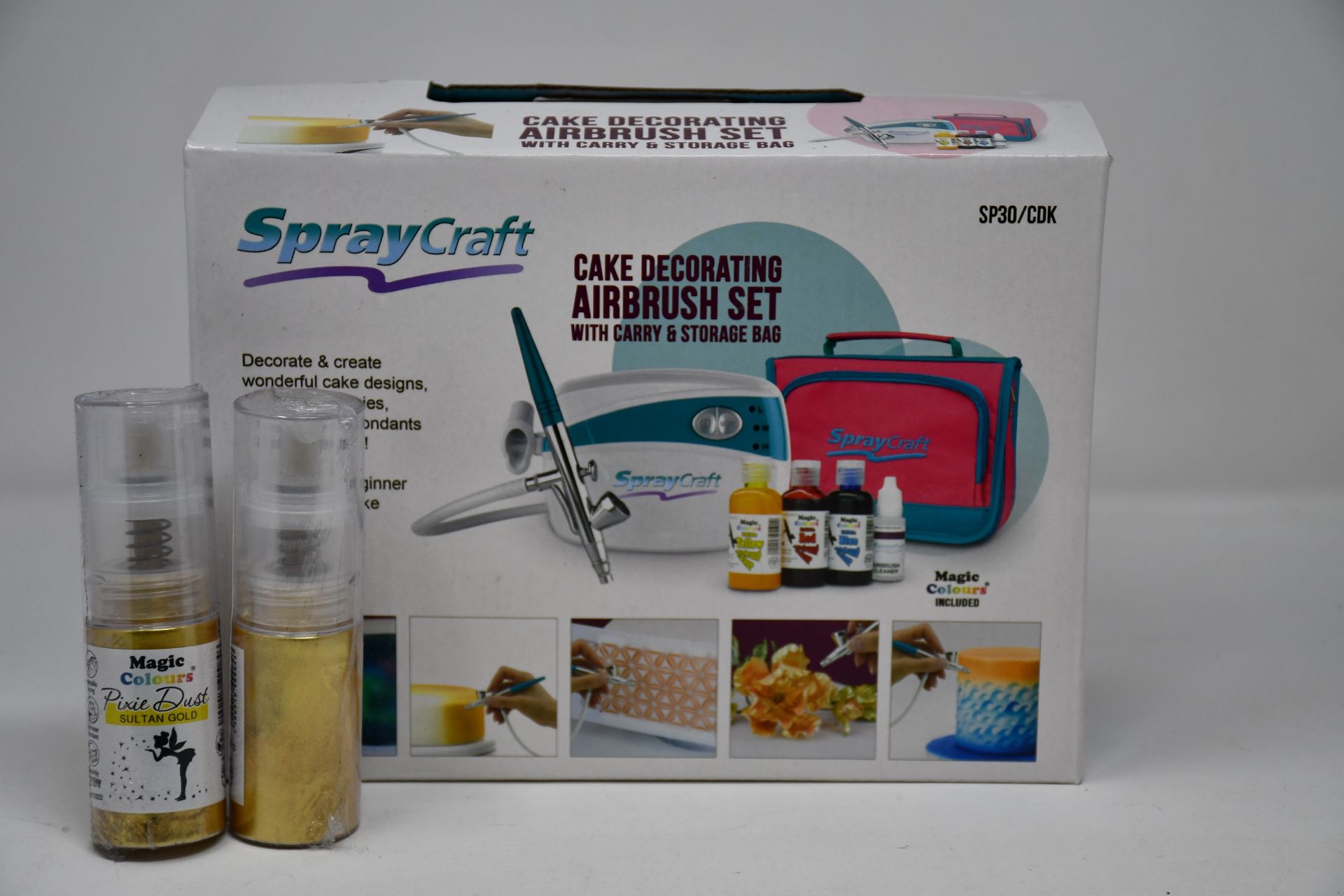 Three boxed as new Spraycraft cake decorating airbrush sets with carry and storage bag and a