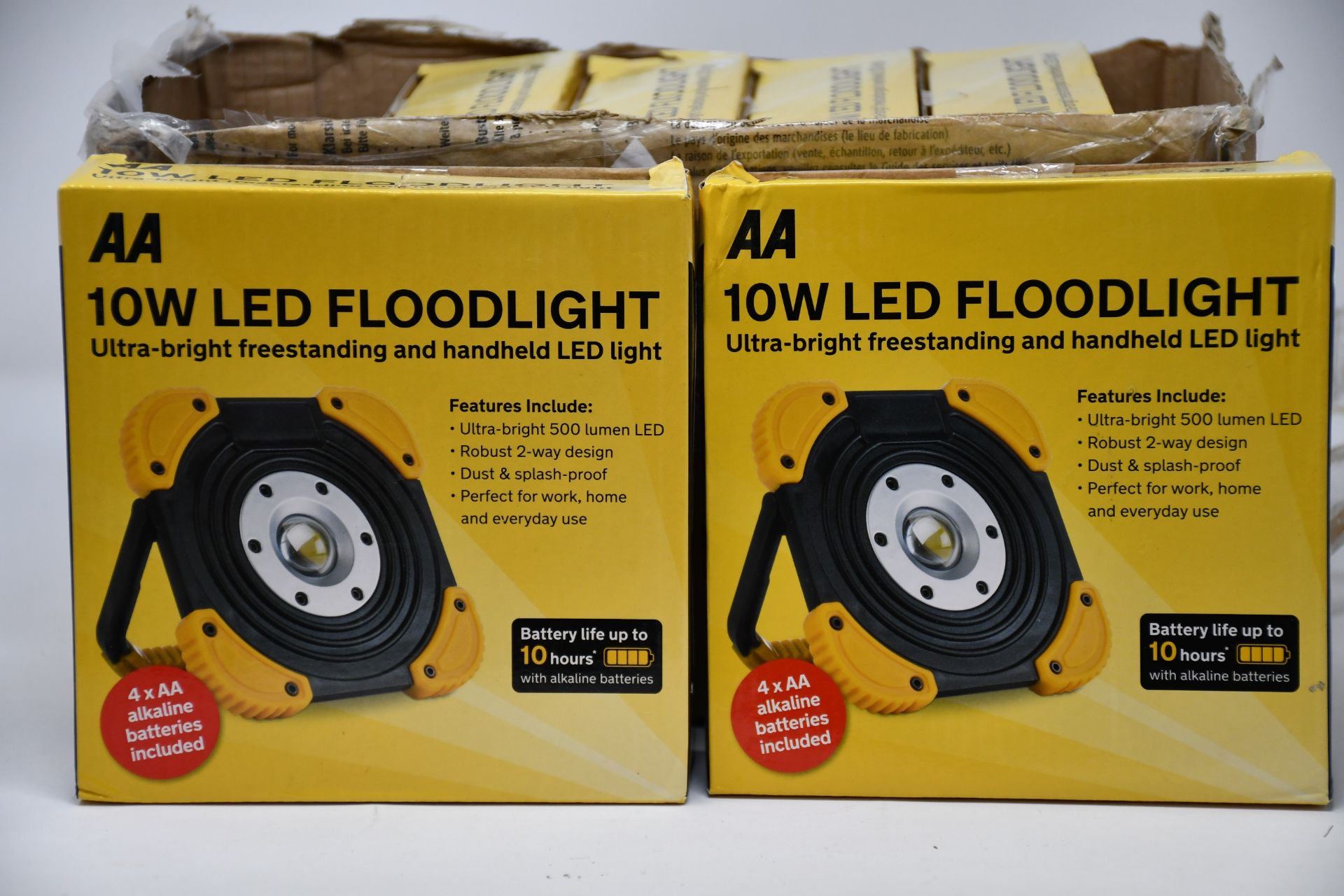 Six boxed as new AA 10W LED Floodlights (Freestanding and handheld).