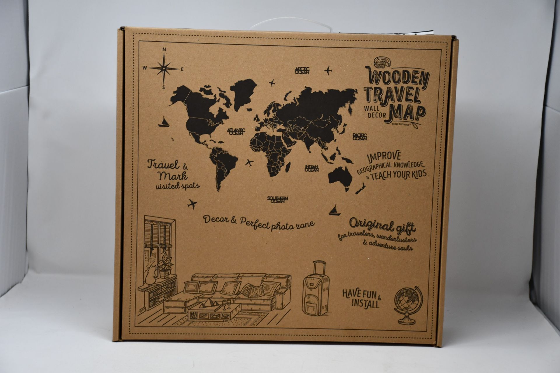 A boxed as new Enjoy The Wood Travel Map Wall Decor (Large, 150 x 90cm).