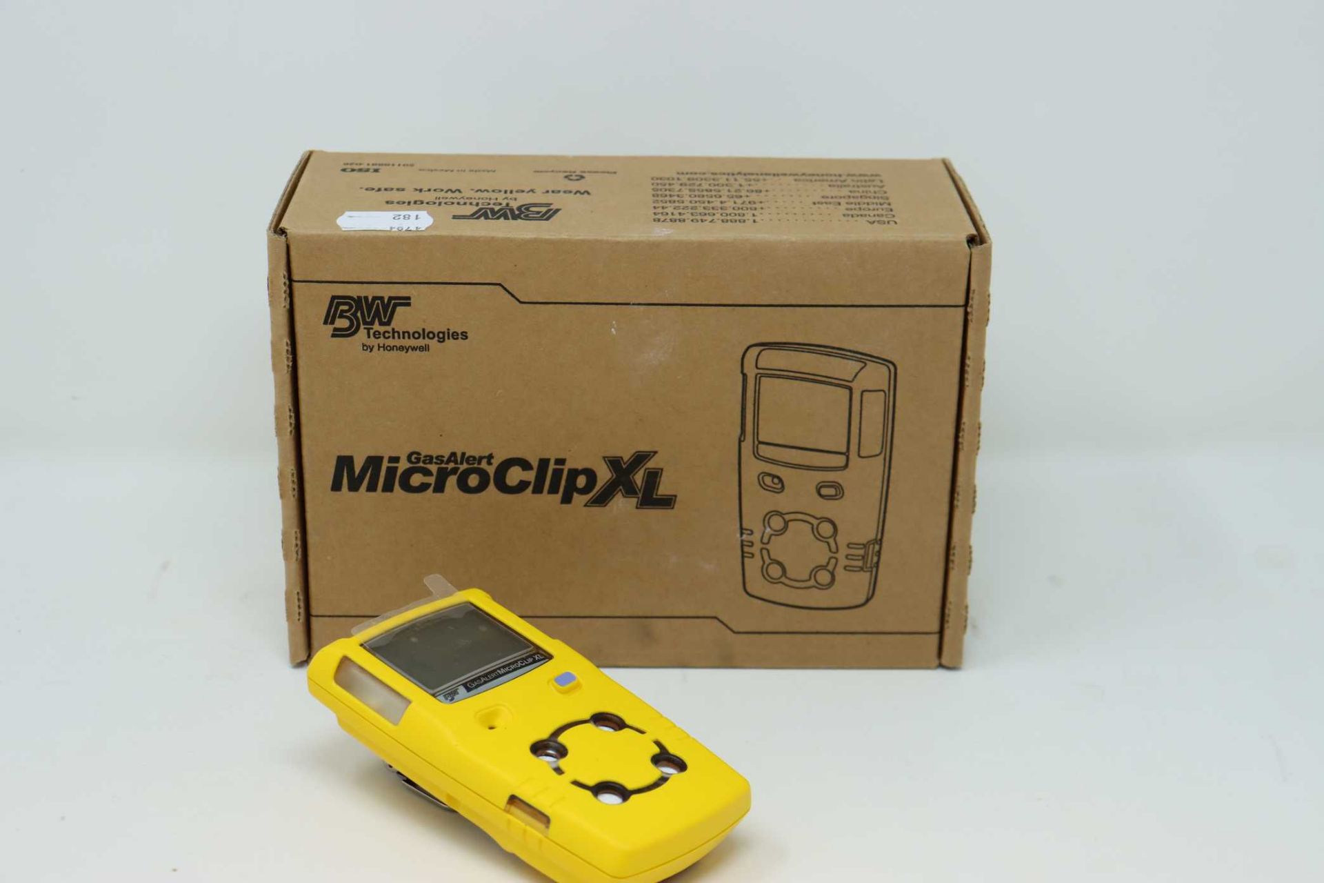 A boxed as new BW GasAlert MicroClip XL (O2 LEL H2S CO) Gas Detector (Model: MCXL-XWHM-Y-UK) (Box