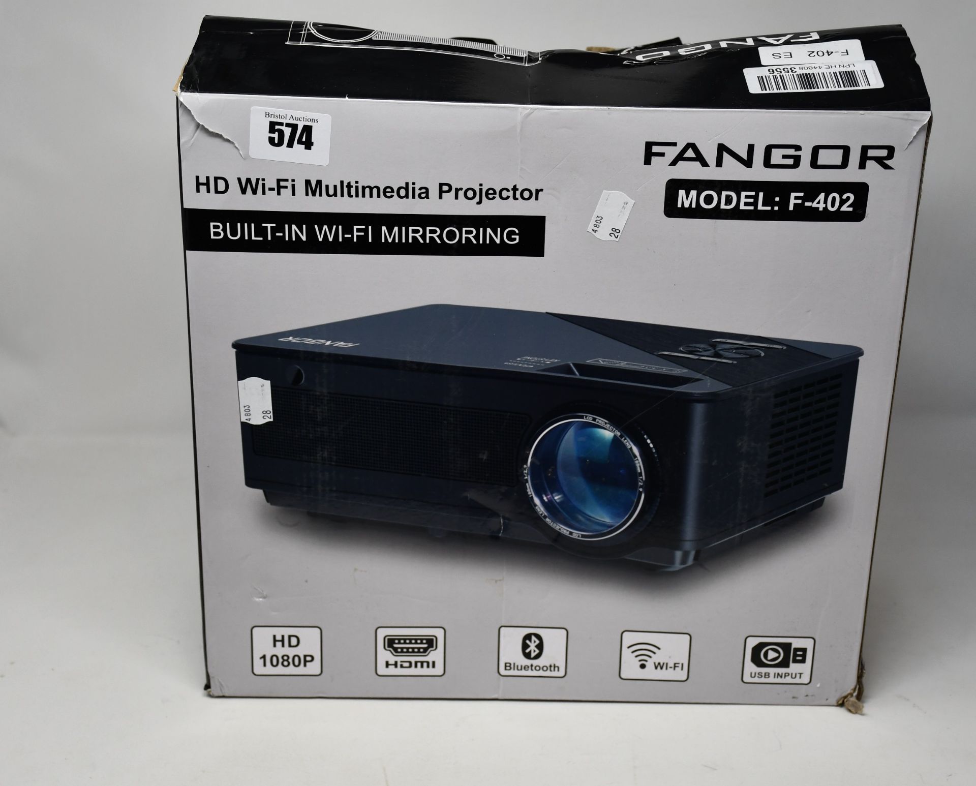 A boxed Fangor F-402 HD Wi-Fi Multimedia projector (Box damaged).