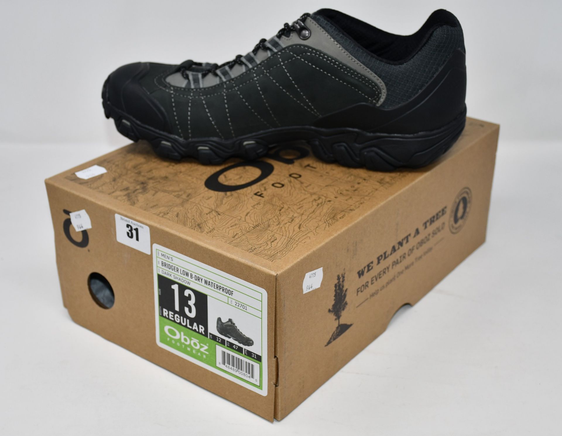 A pair of as new Oboz Bridger Low B-Dry waterproof hiking shoes (UK 12 - RRP £135).