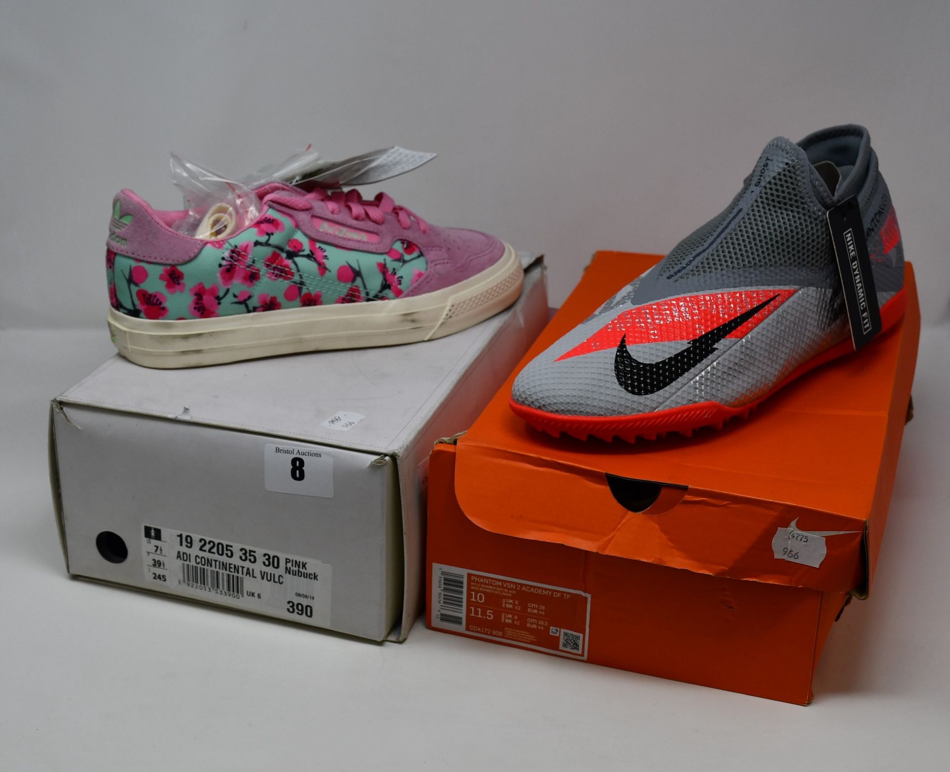 A pair of as new Adidas Continental Vulc in pink (UK 6) and a pair of Nike Phantom VSN Academy DF TF