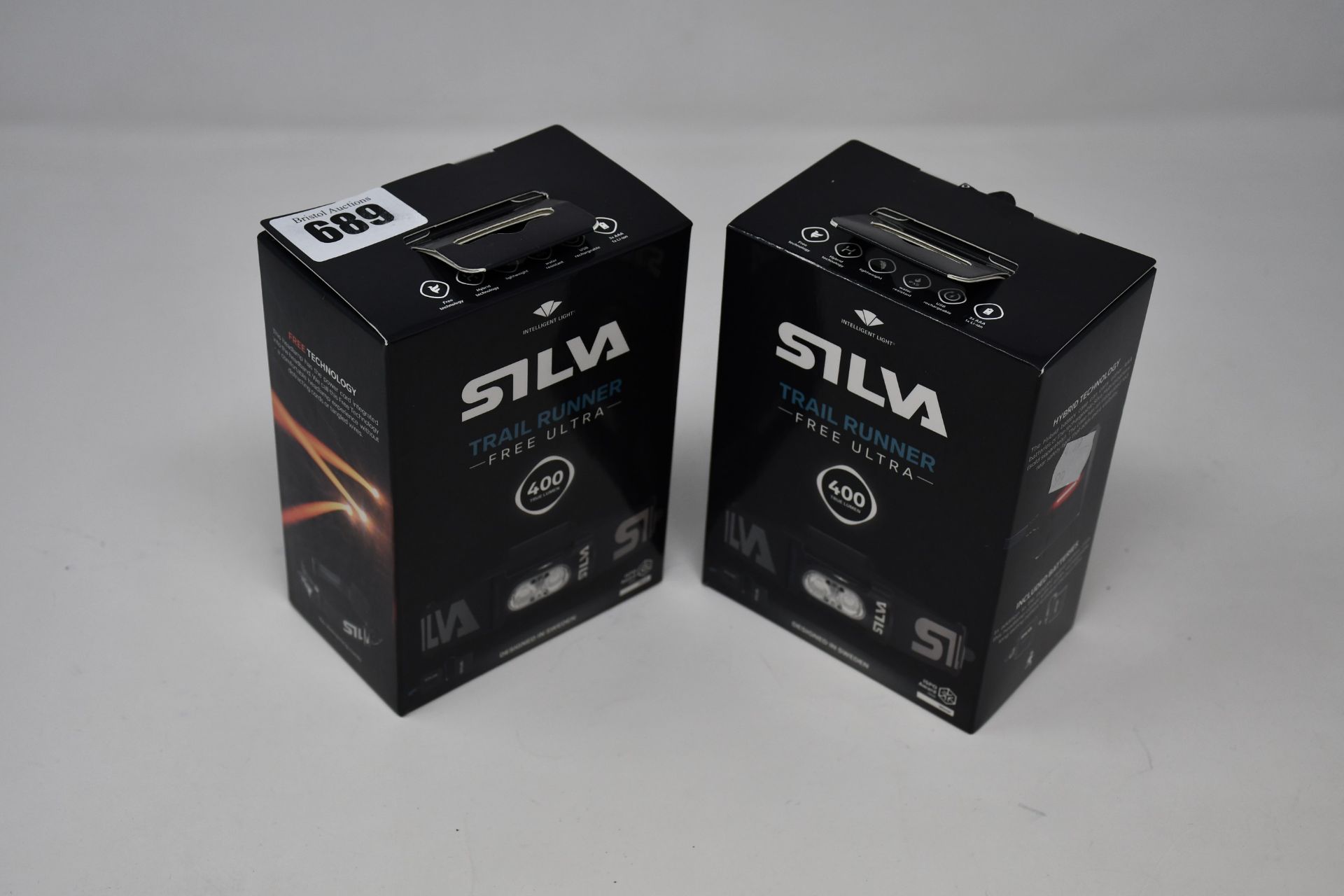 Two boxed as new Silva Trail Runner Free Ultra 400 Lumen head torches.