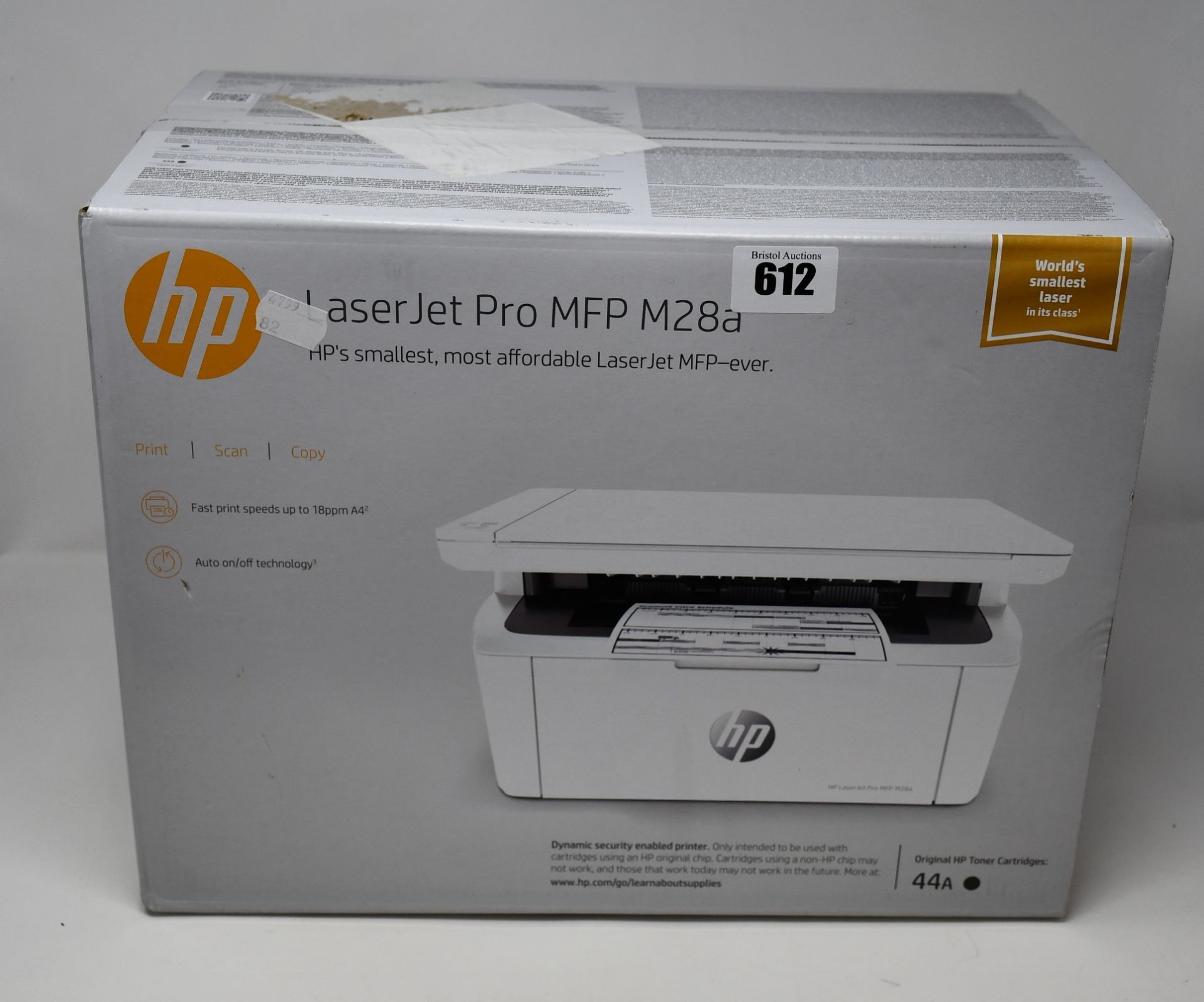 One boxed as new HP Laser Jet Pro MFP M28a.