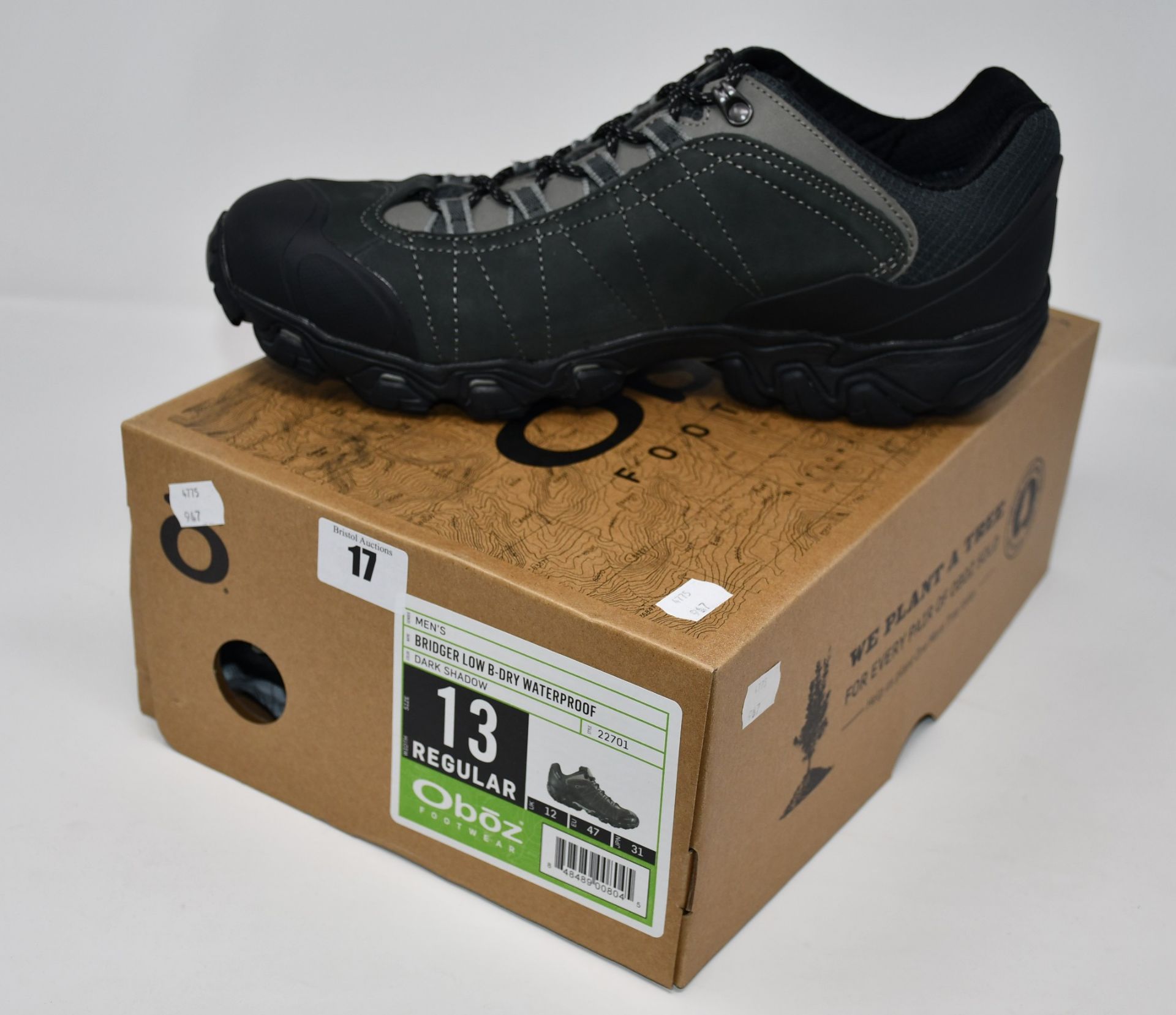 A pair of as new Oboz Bridger Low B-Dry waterproof hiking shoes (UK 12 - RRP £135).