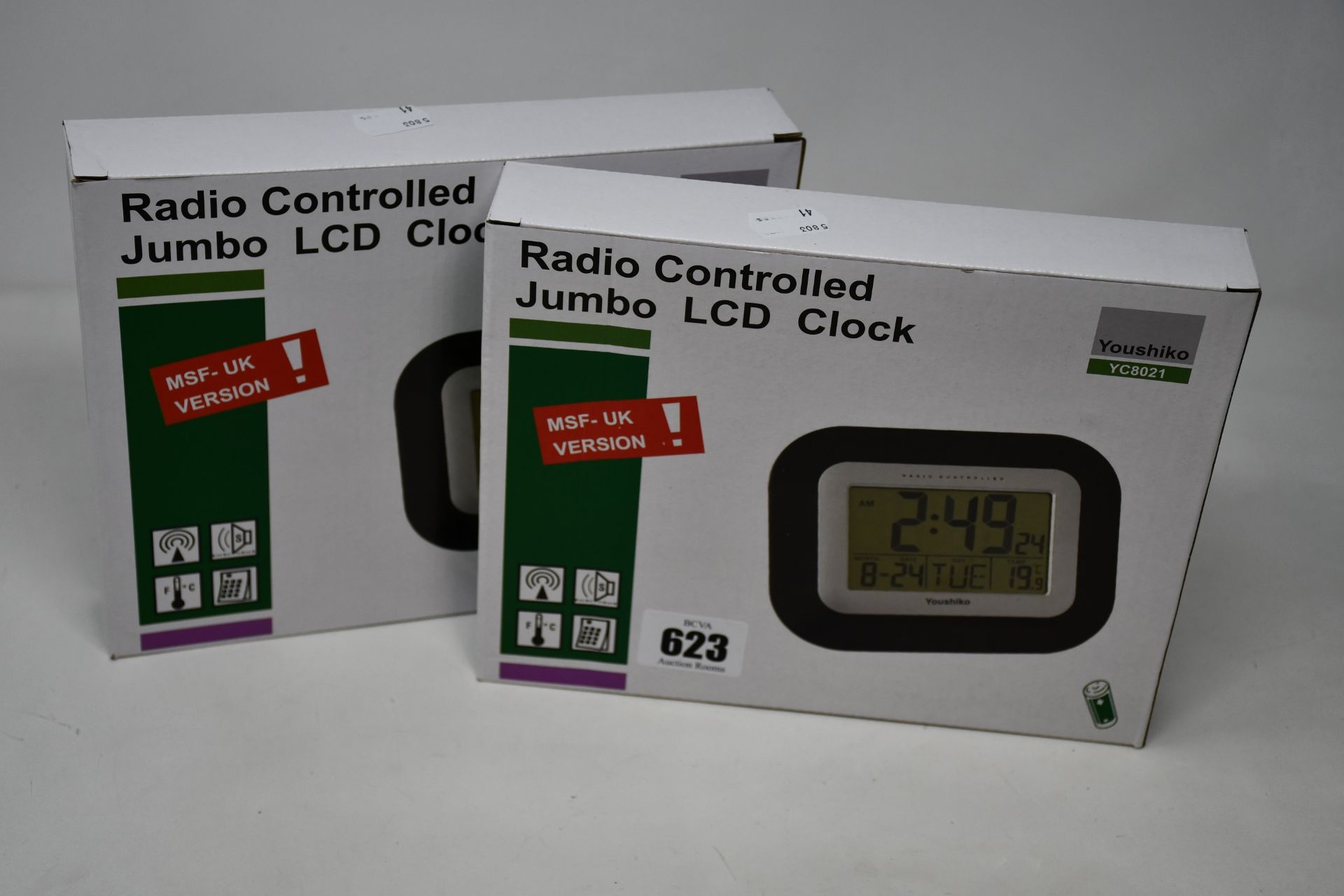Seven boxed as new Youshiko Radio Controlled Jumbo LCD Clock (YC8021).