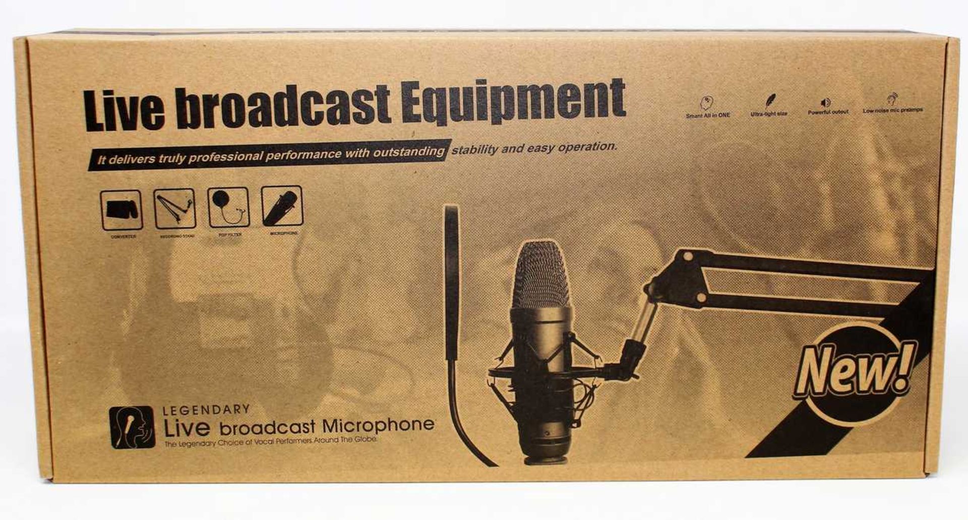 A boxed as new Legendary Live Broadcasting & Recording Microphone.
