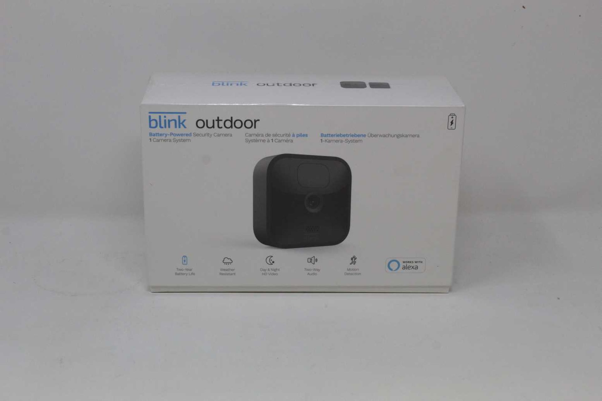 A boxed as new Blink Outdoor Smart Security Camera System in Black (1 camera set UK) (Box sealed).
