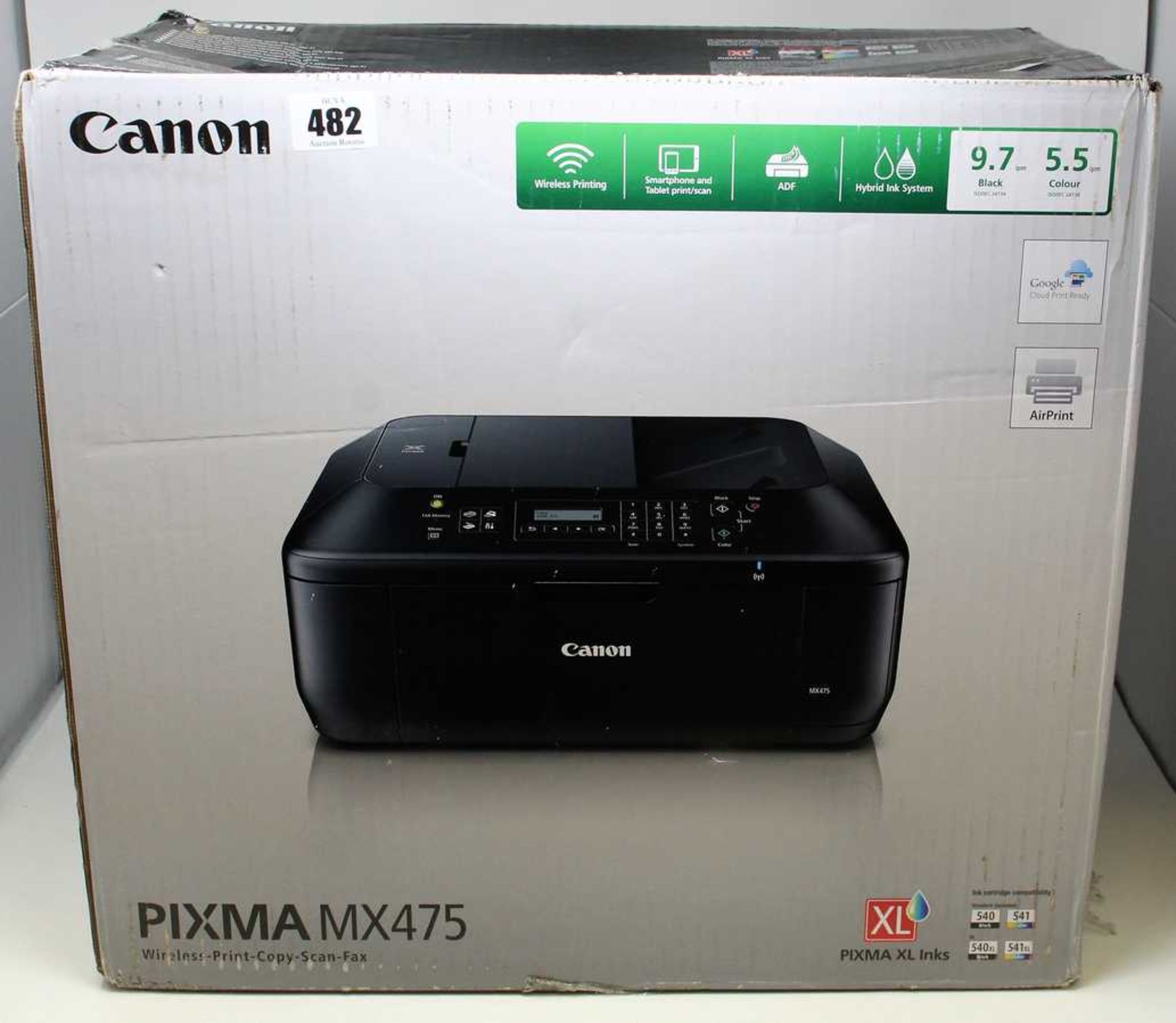 A boxed as new Canon PIXMA MX475 All-in-One Inkjet Printer in Black (Box sealed, cosmetic damage