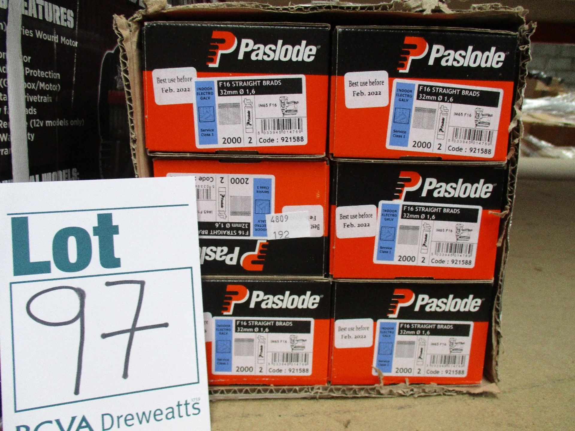 Six boxes of Paslode 921588 1.6 x 32mm F16 Straight Brads x 2000 with 2 Fuel Cells.
