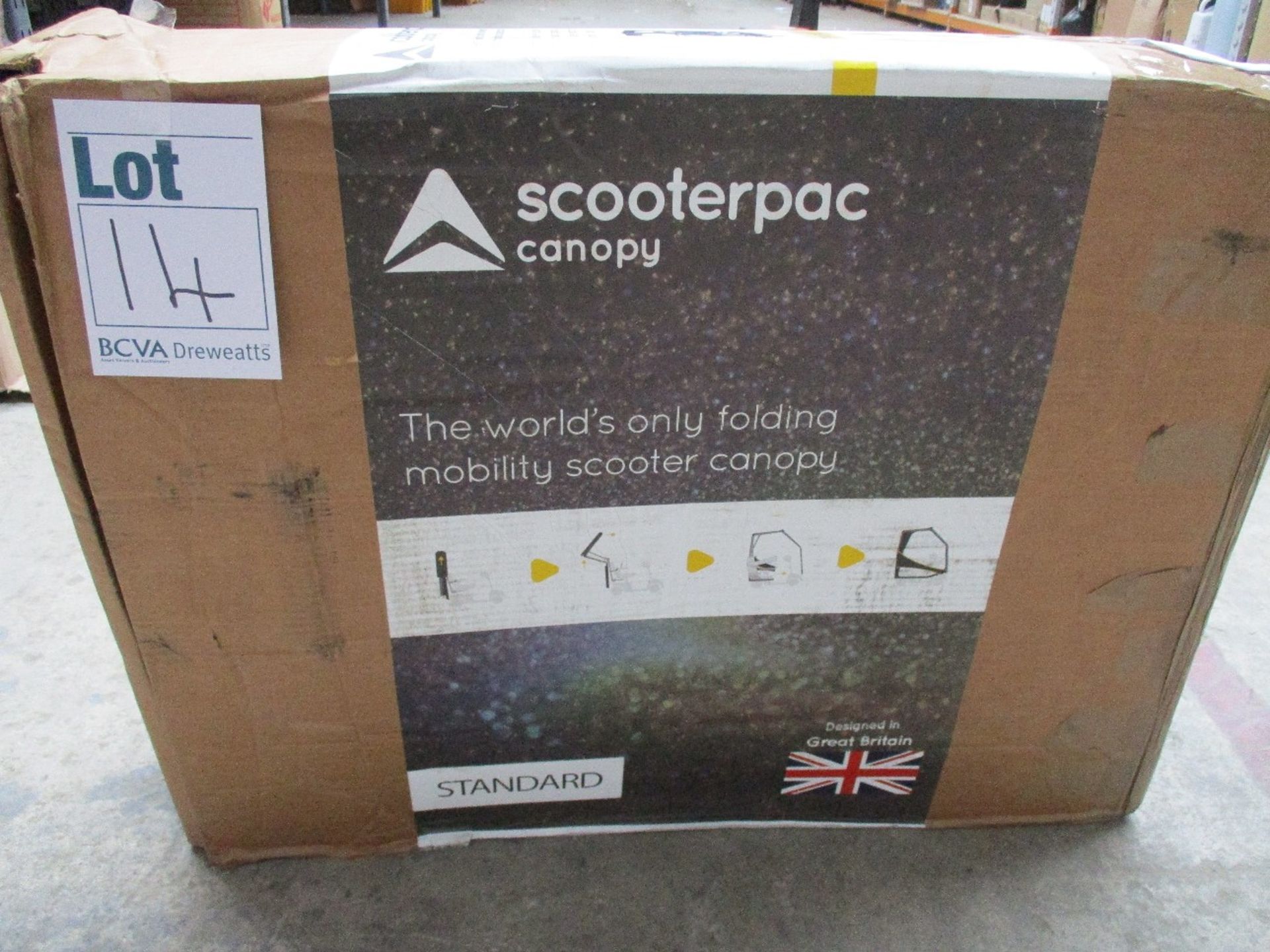 A boxed as new Scooterpac standard folding mobility scooter canopy (Cosmetic damage to outer box).