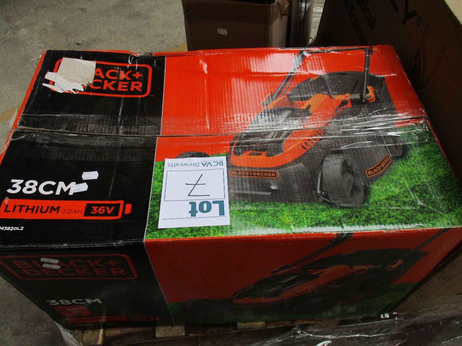 A boxed Black + Decker CLM3820L2 Lawnmower.