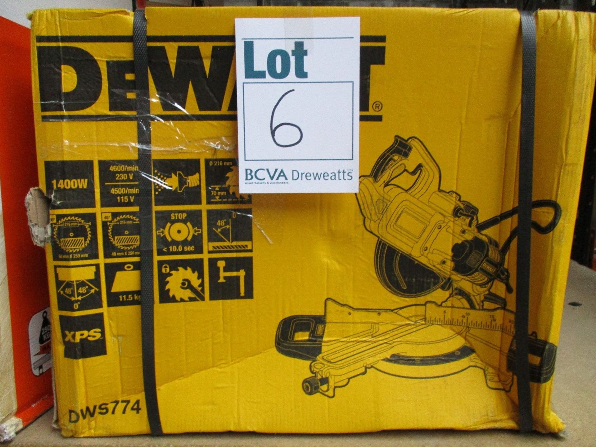 One boxed as new DeWalt 240v XPS slide mitre saw (Model: DEWDWS774).