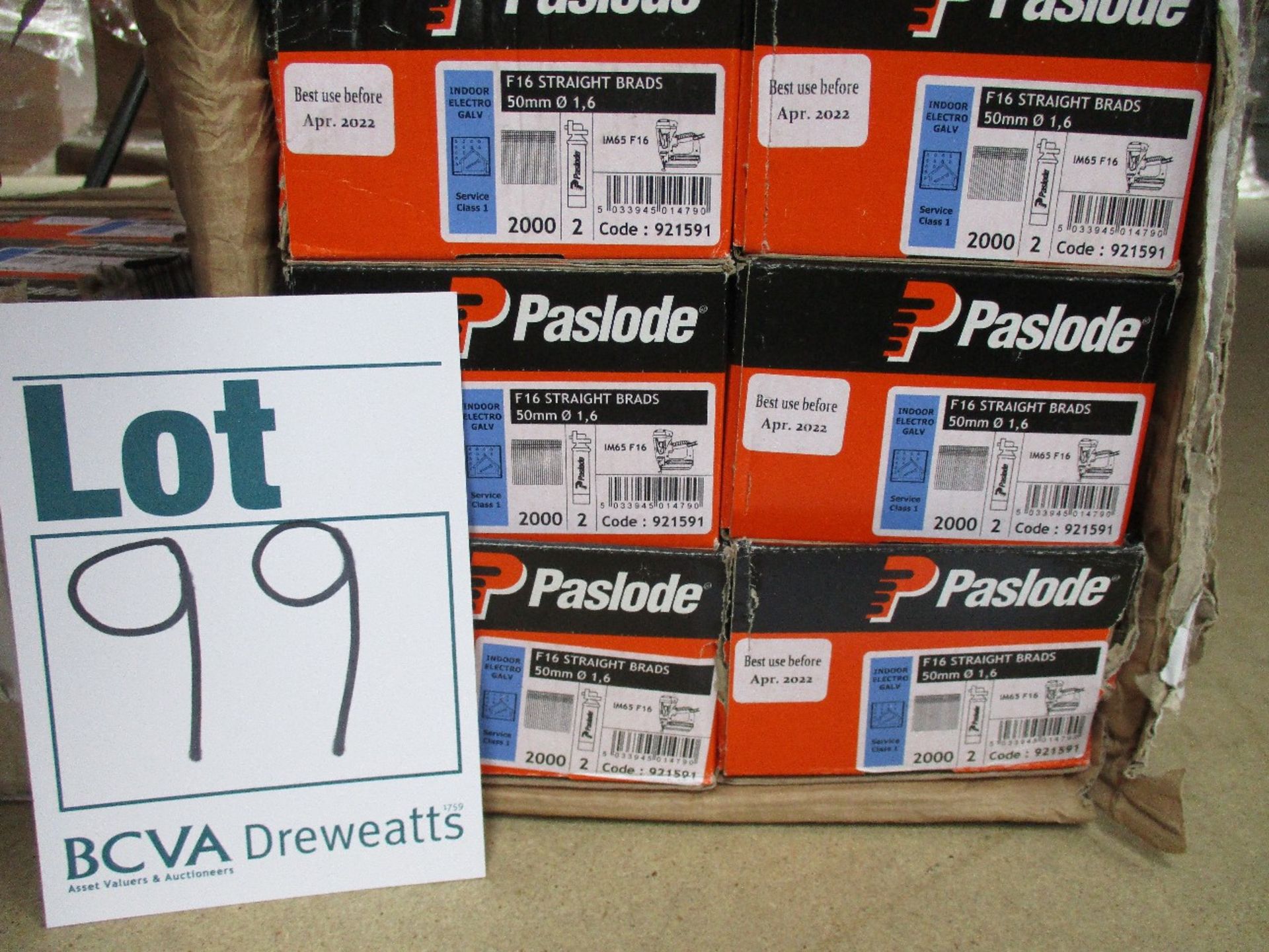 Six boxes of Paslode 921591 1.6 x 50mm F16 Straight Brads x 2000 with 2 Fuel Cells.