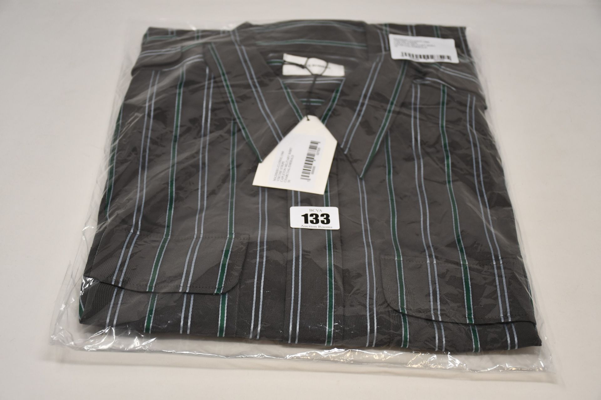 An as new Wales Bonner Capleton military shirt in charcoal/emerald viscose stripe (Size 50 - RRP £