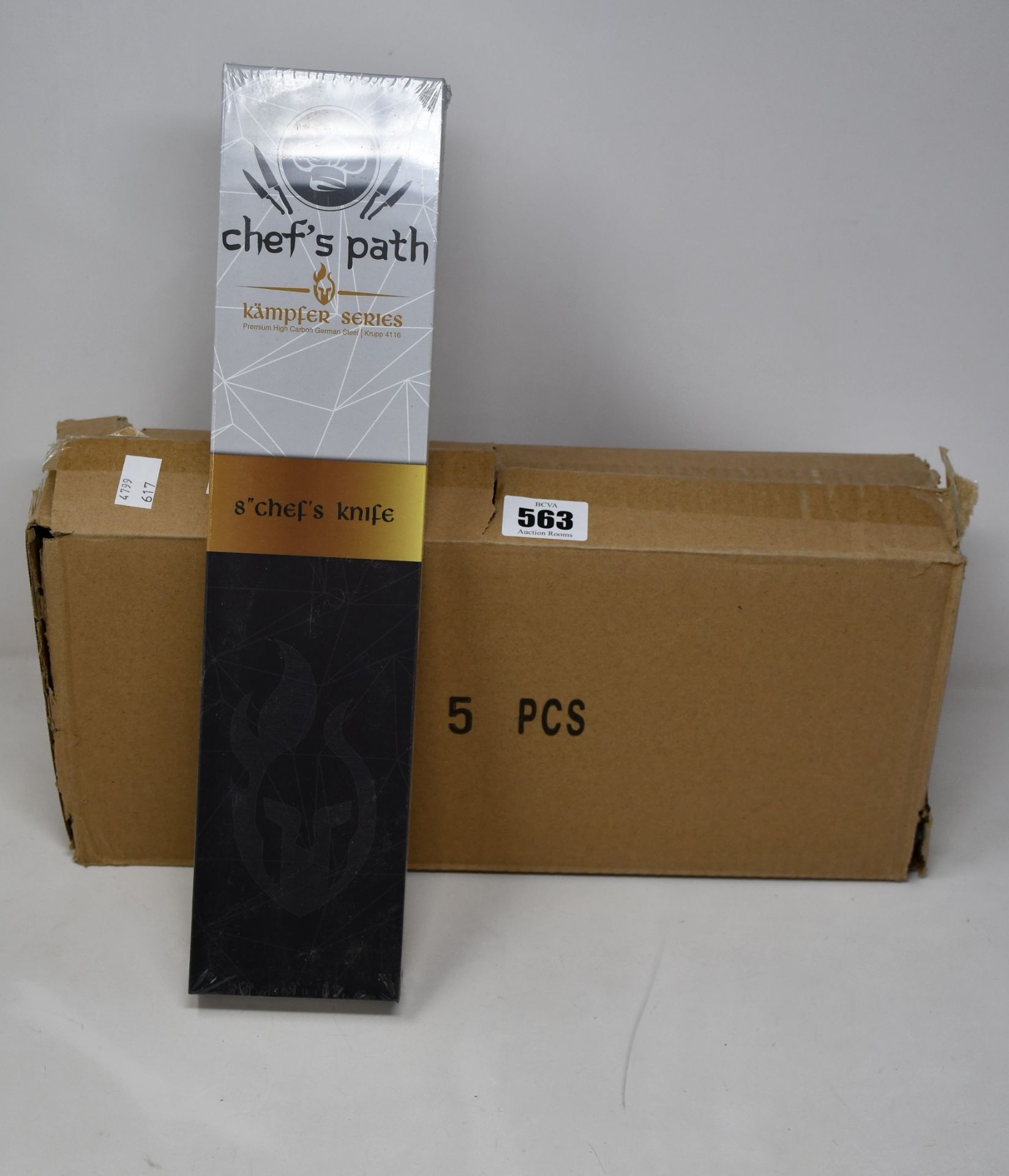 Five boxed as new Chef's Path Kampfer Series 8" Chef's Knives (Over 18s only).