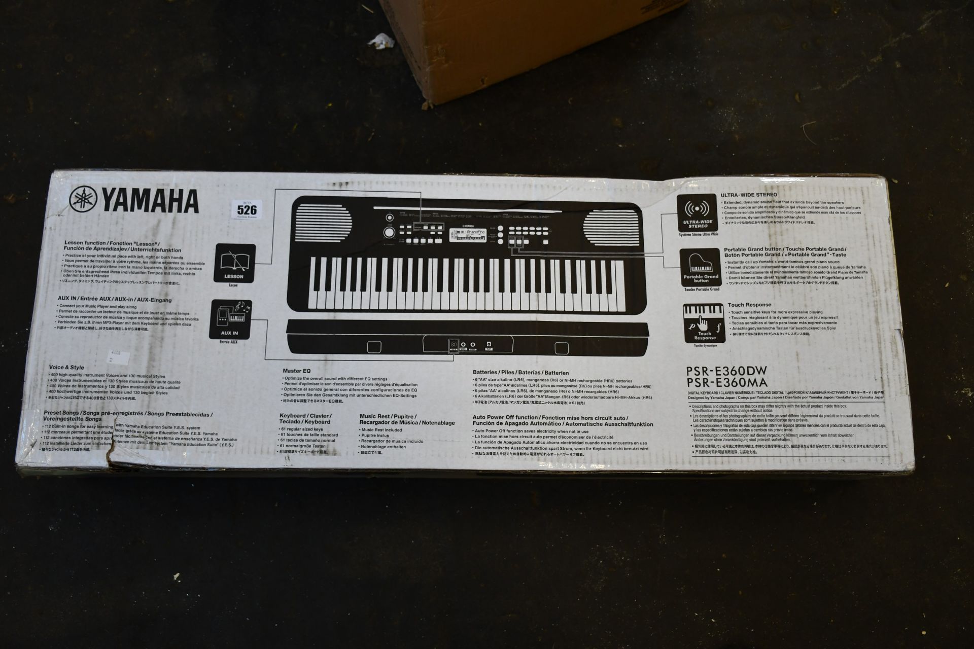 A boxed as new Yamaha PSR-E360W keyboard.