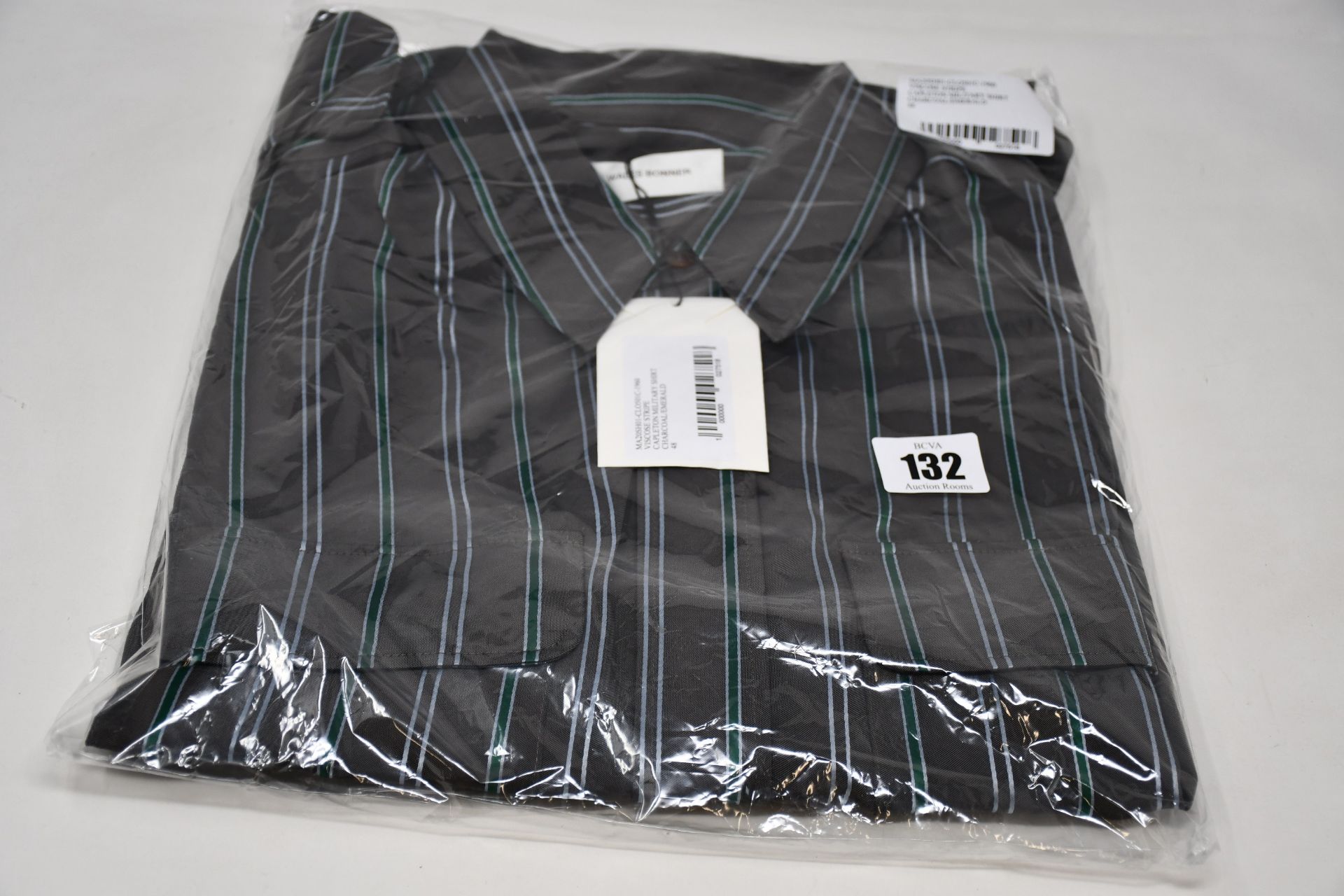 An as new Wales Bonner Capleton military shirt in charcoal/emerald viscose stripe (Size 48 - RRP £