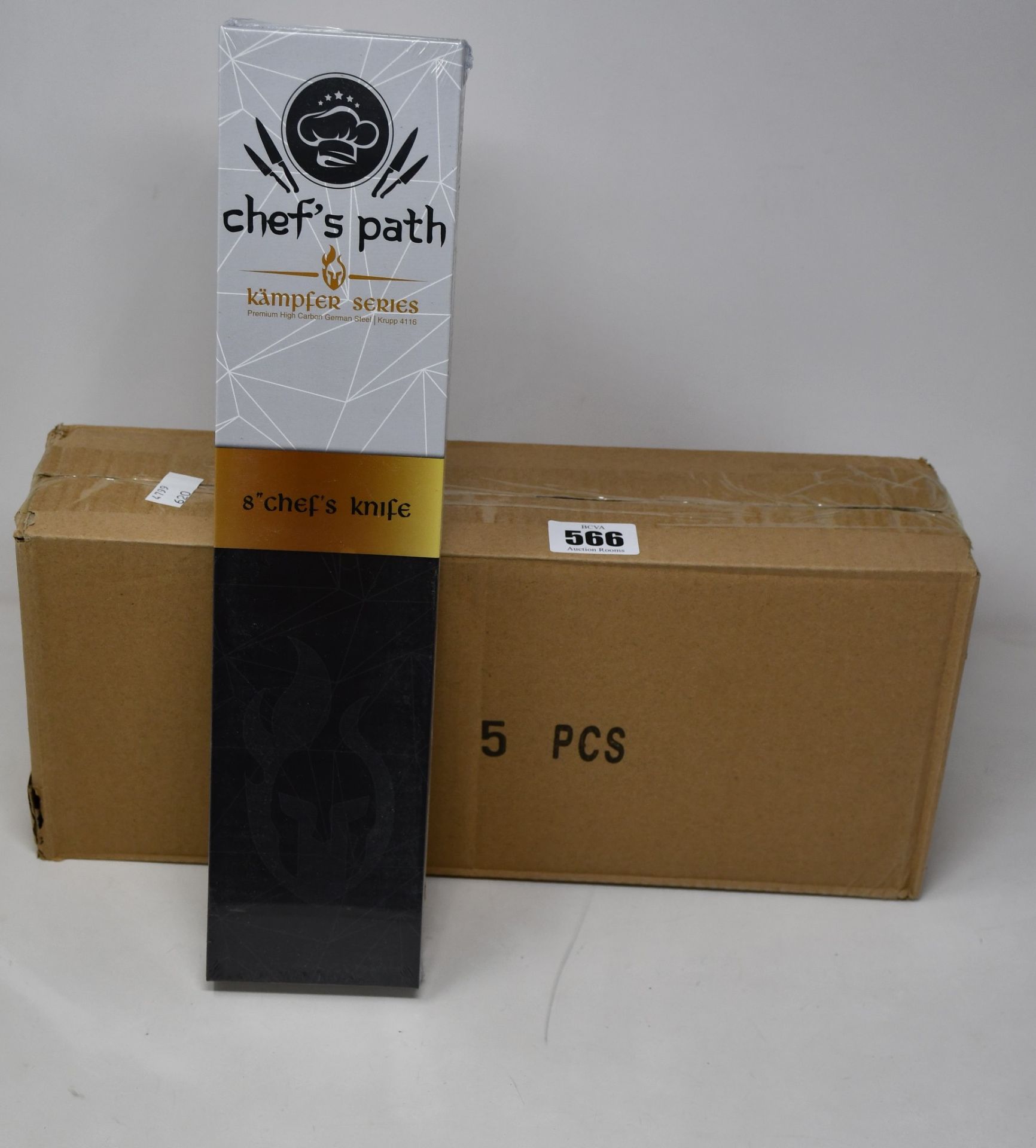 Five boxed as new Chef's Path Kampfer Series 8" Chef's Knives (Over 18s only).