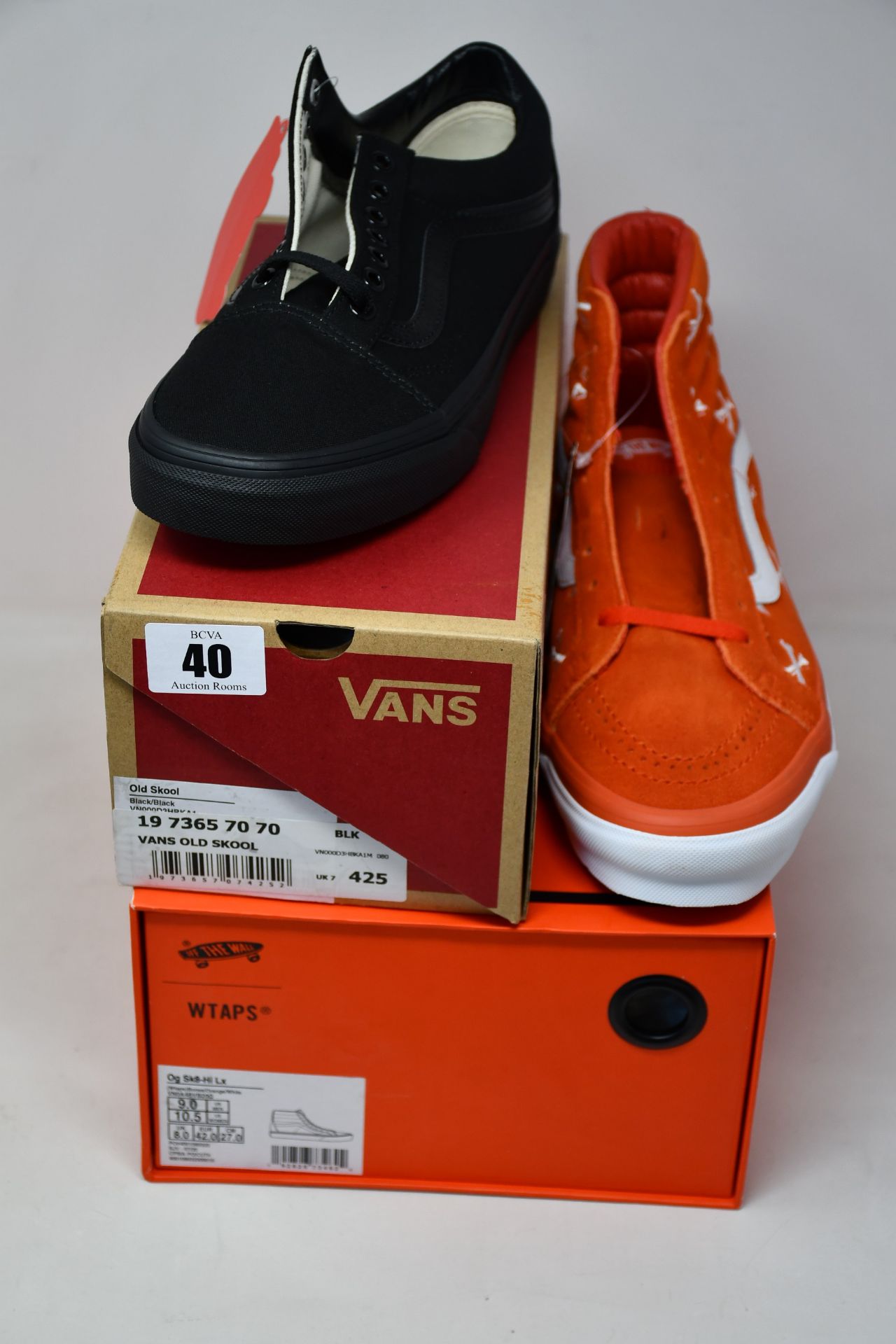 A pair of as new Vans WTAPS Og Sk8-Hi Lx sneakers (UK 8) together with a pair of Vans Old Skool (