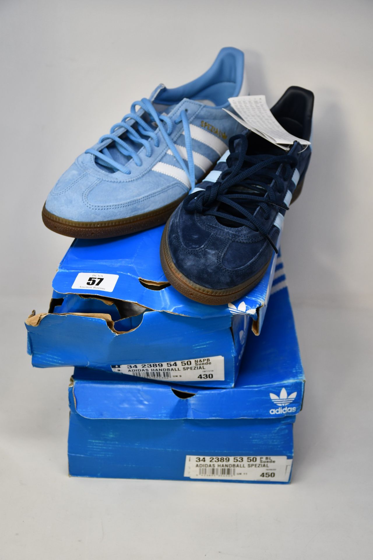 Two pairs of as new Adidas Handball Spezial trainers (UK 9,11).