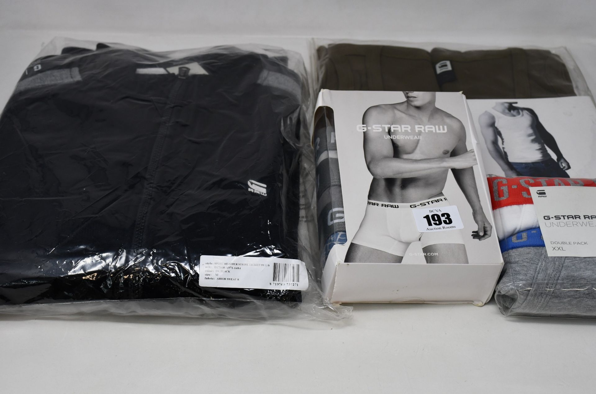 Assorted as new G-Star Raw products; a Sports Heather Stripe jacket (M), twin pack Man Base tanks (