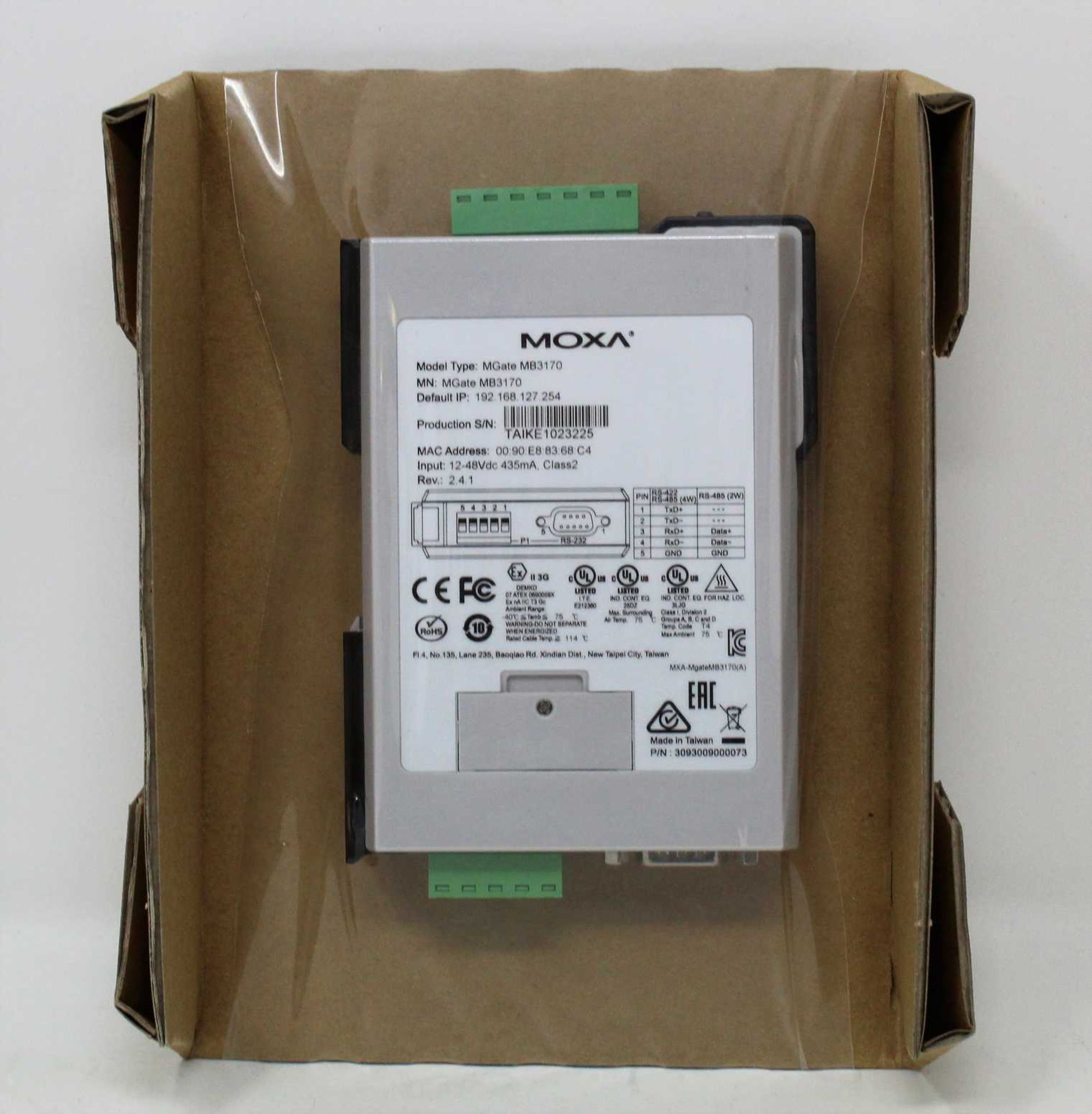 A boxed as new Moxa MGate MB3170 V2.4.1 Advanced Serial-to-Ethernet Modbus Gateway (P/N: