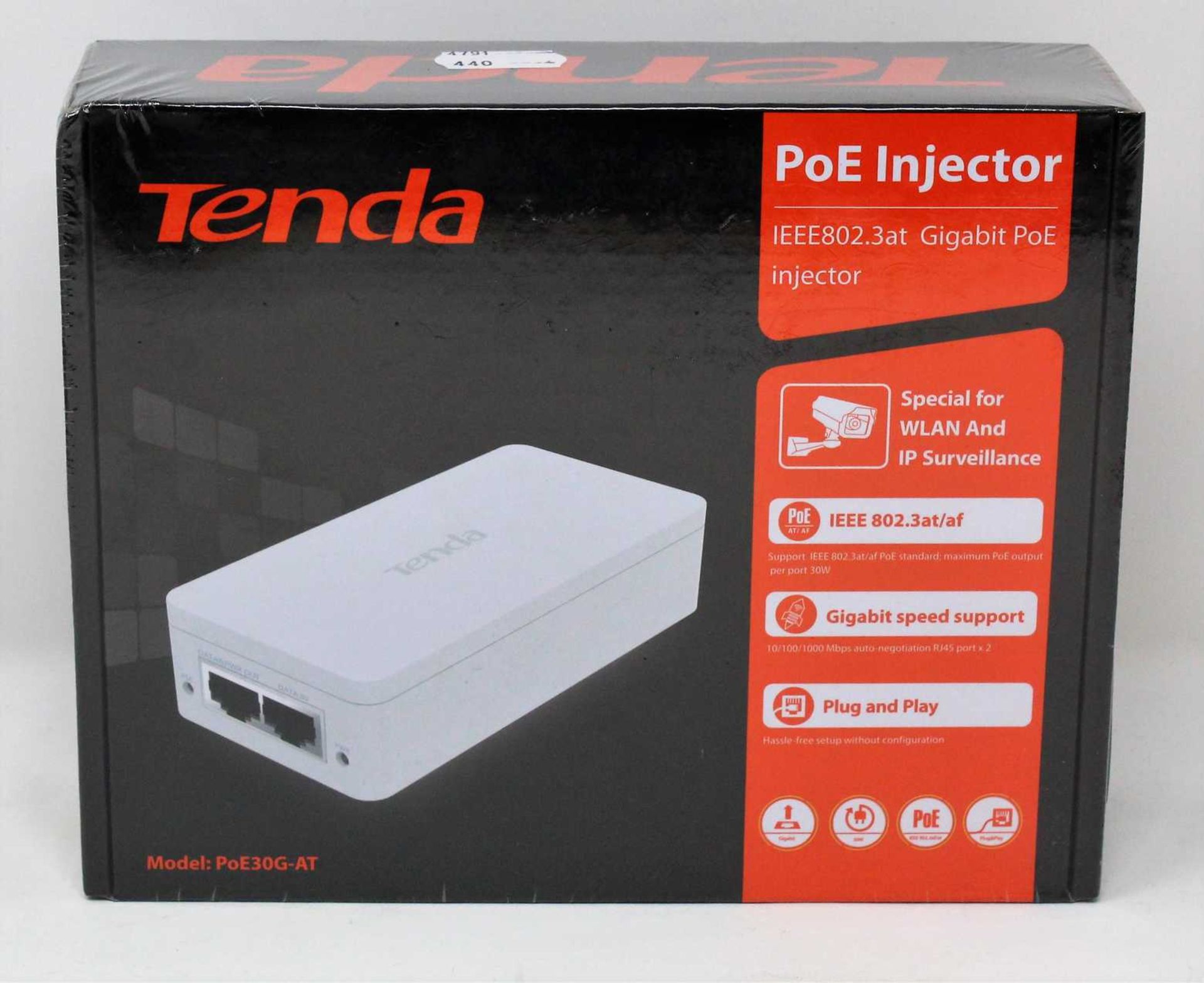 A boxed as new Tenda IEEE802.3at PoE Injector (Model: PoE30G-AT) (Box sealed).