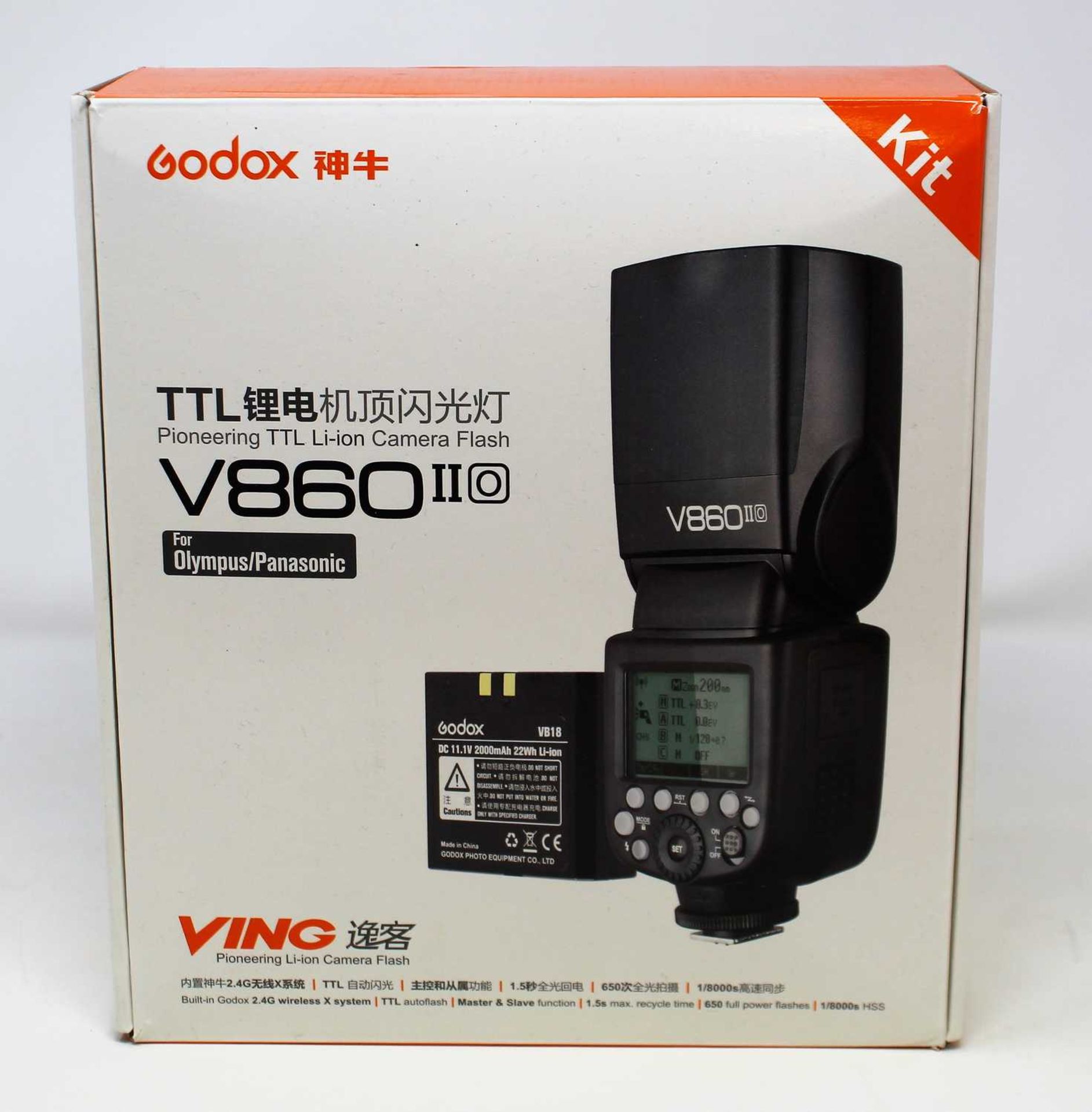 A boxed as new Godox Ving V860IIO TTL Li-Ion Flash Kit for Olympus/Panasonic Cameras (Box opened,