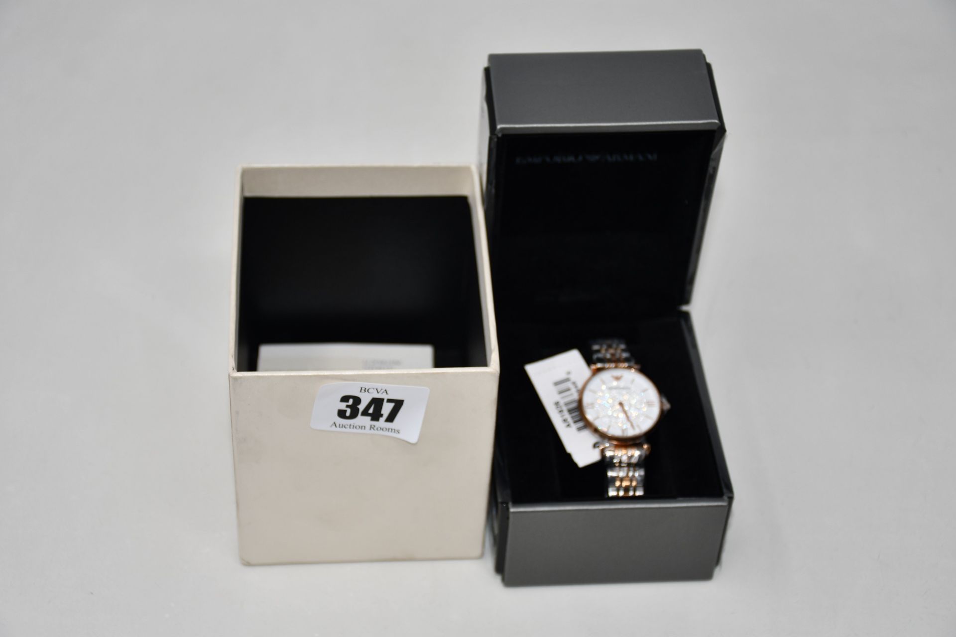 A women's boxed Emporio Armani AR1926 rose gold wristwatch.