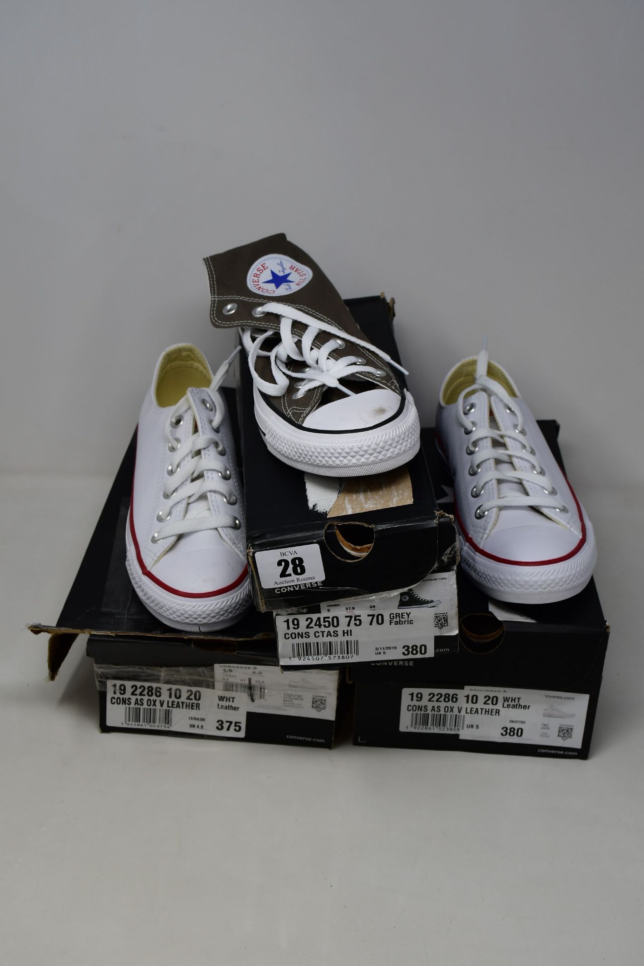 Two pairs of Converse All Star Ox V Leather sneakers (UK 4.5, 5) and a pair of Converse Chuck Taylor