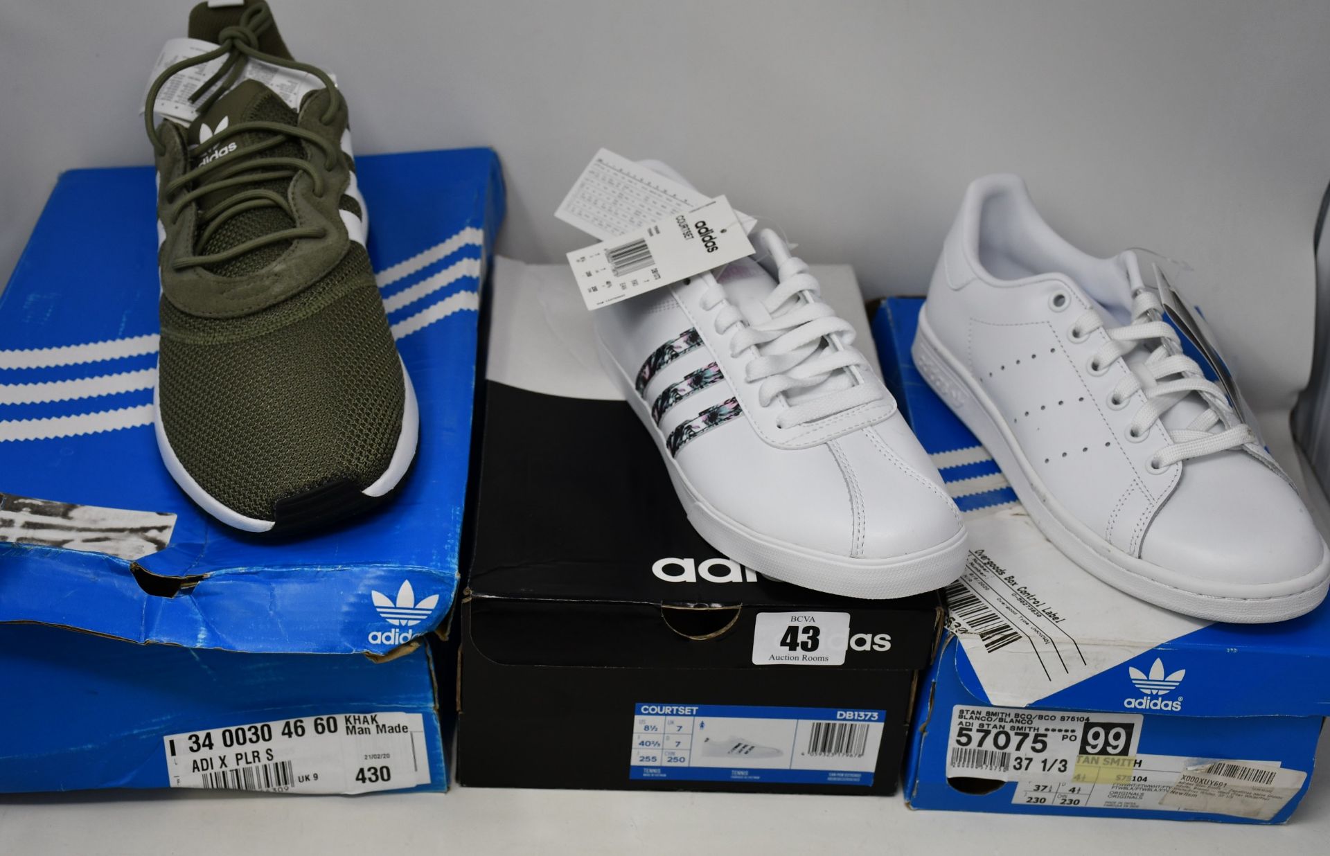 Three pairs of as new Adidas trainers; X PLR S (UK 9), Stan Smith (UK 4.5) and Courtset (UK 7).