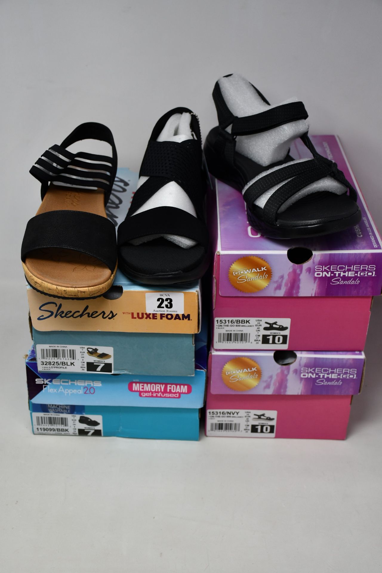 Four pairs of women's as new Skechers sandals; two pairs of On The Go 600 Brilliancy (UK 7), Flex