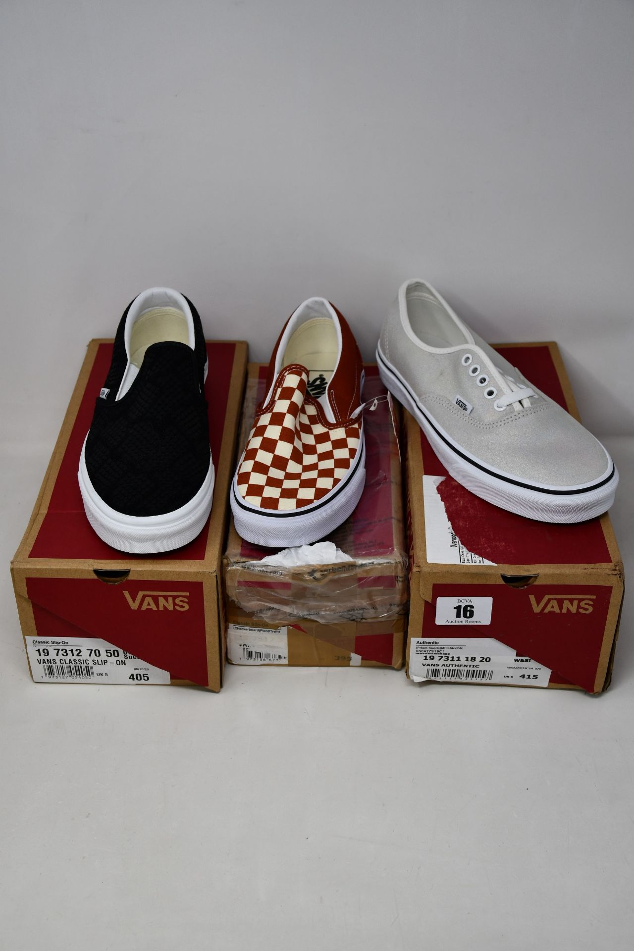 Two pairs of as new Vans Classic Slip-On canvas shoes (UK 4, 5) and a pair of Vans Authentic (UK