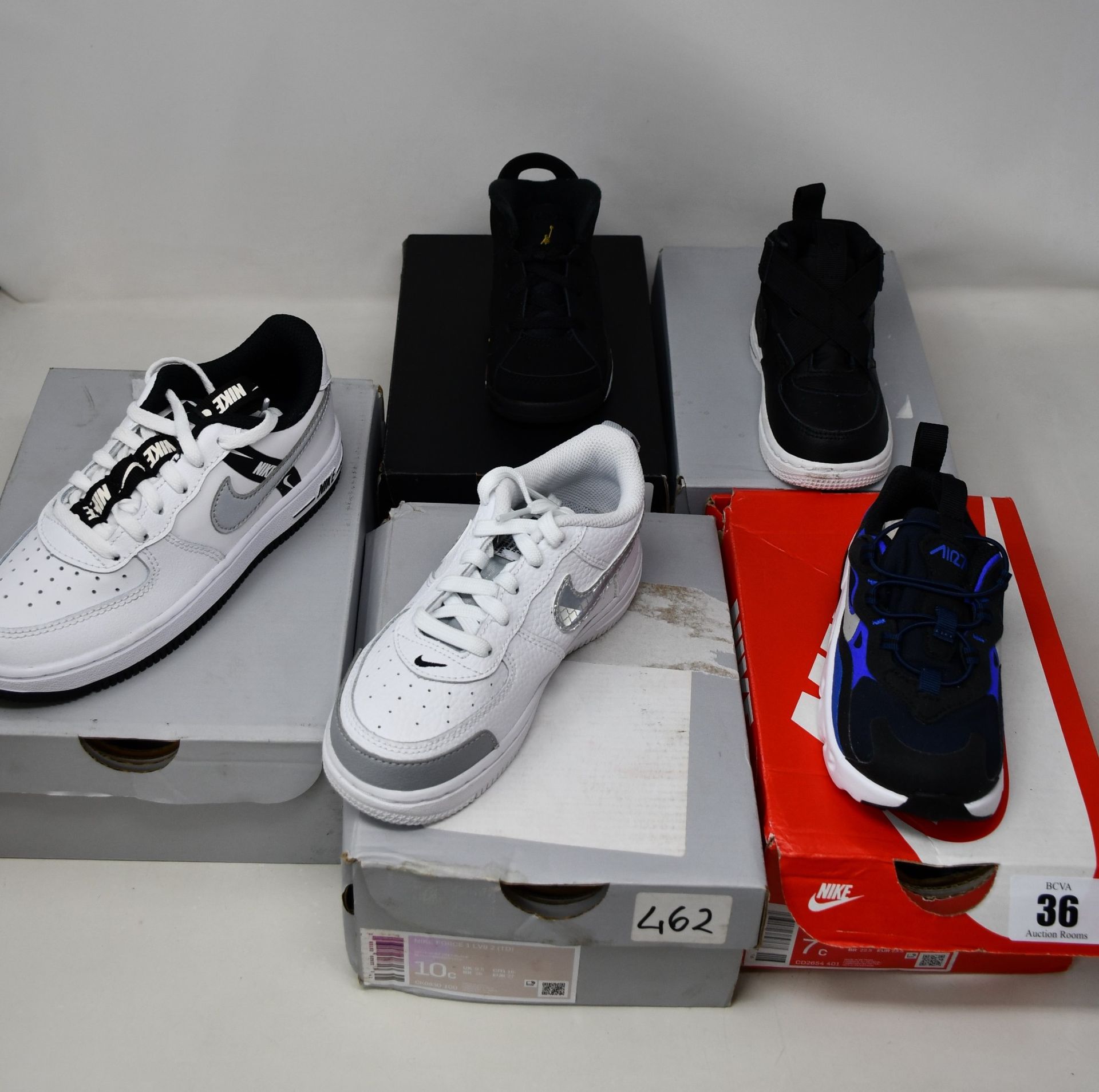 Five pairs of as new toddler Nike trainers; Force 1 LV8 KSA (UK 11.5), Jordan 6 Retro DMP (UK 5.