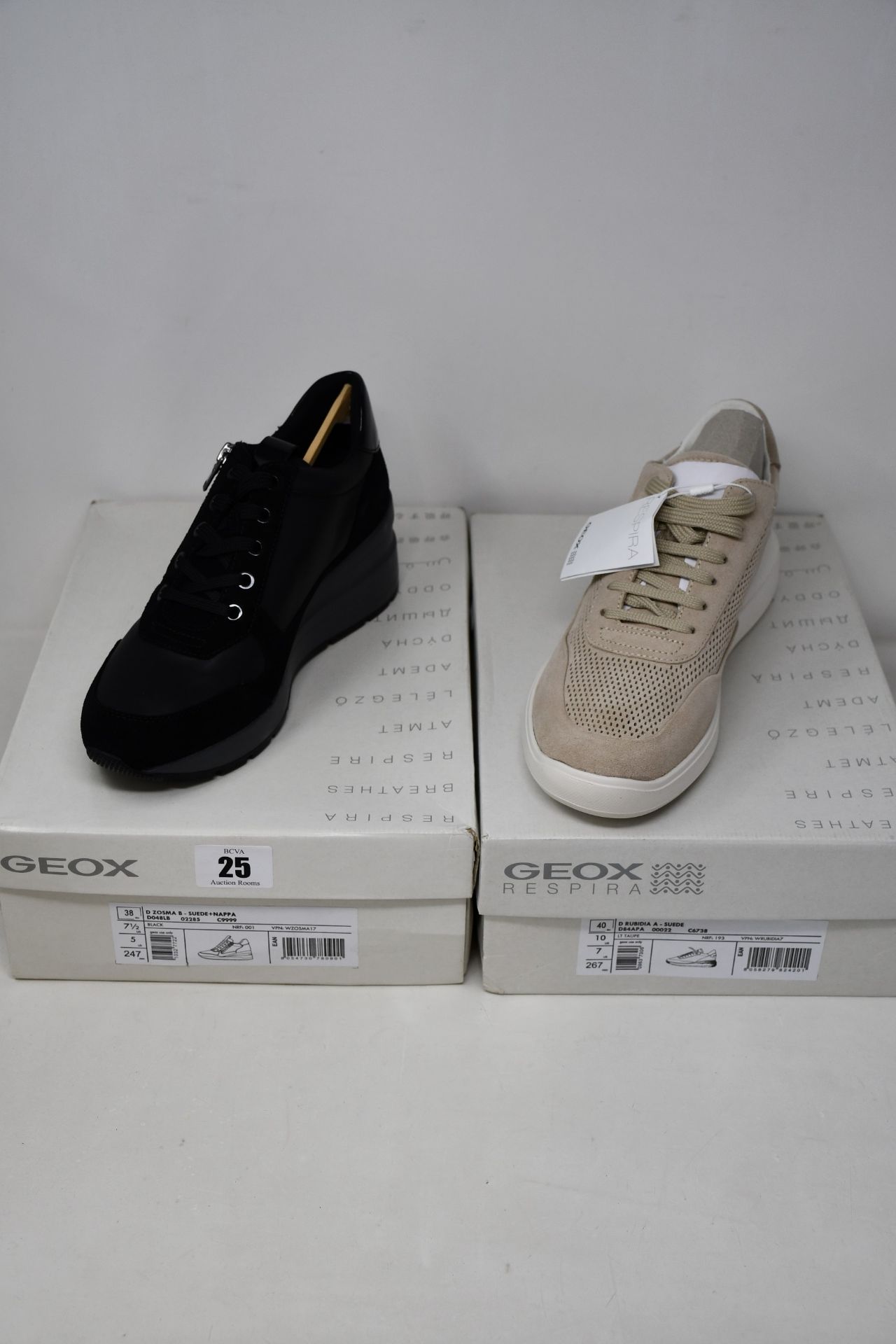 Two pairs of women's Geox trainers; Zosma in suede/nappa (UK 5) and Rubidia in suede (UK 7).