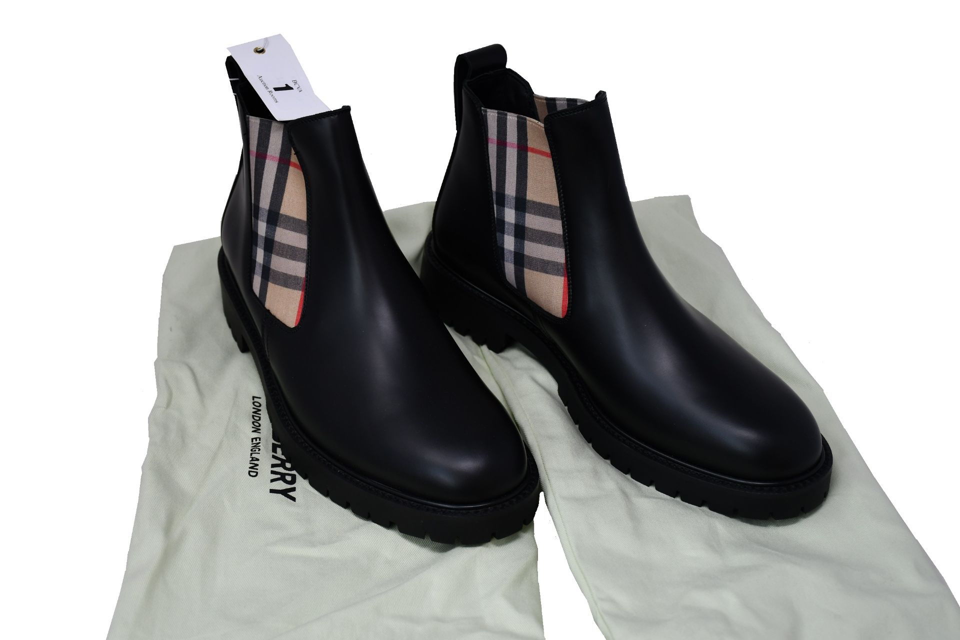 A pair of as new Burberry Vintage Check Detail leather Chelsea boots (EU 41.5 - RRP £520, no box but