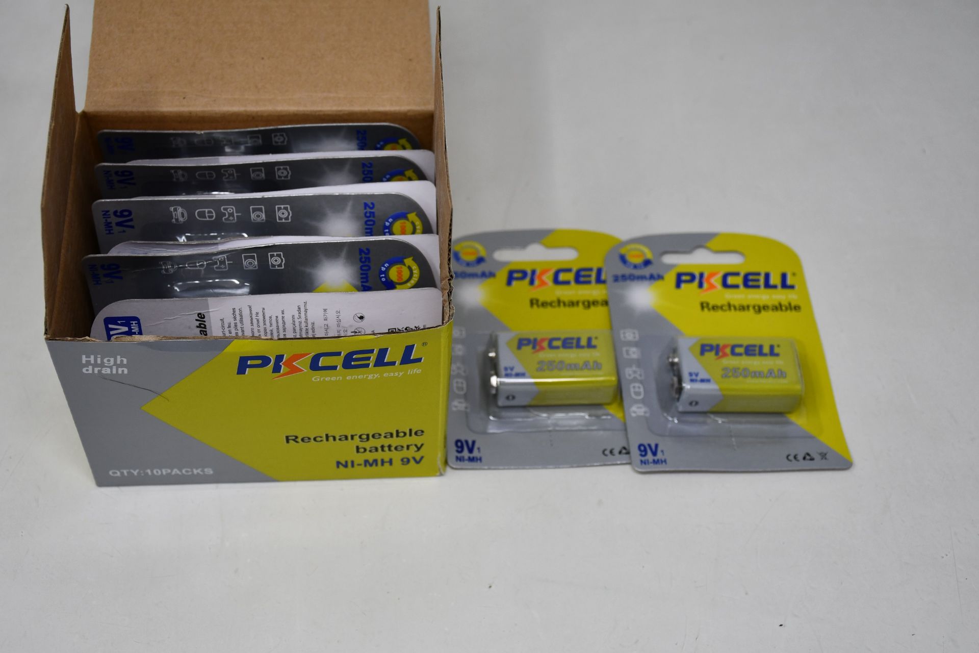 Six as new boxes of ten PKCell NI-MH 9V rechargeable batteries.