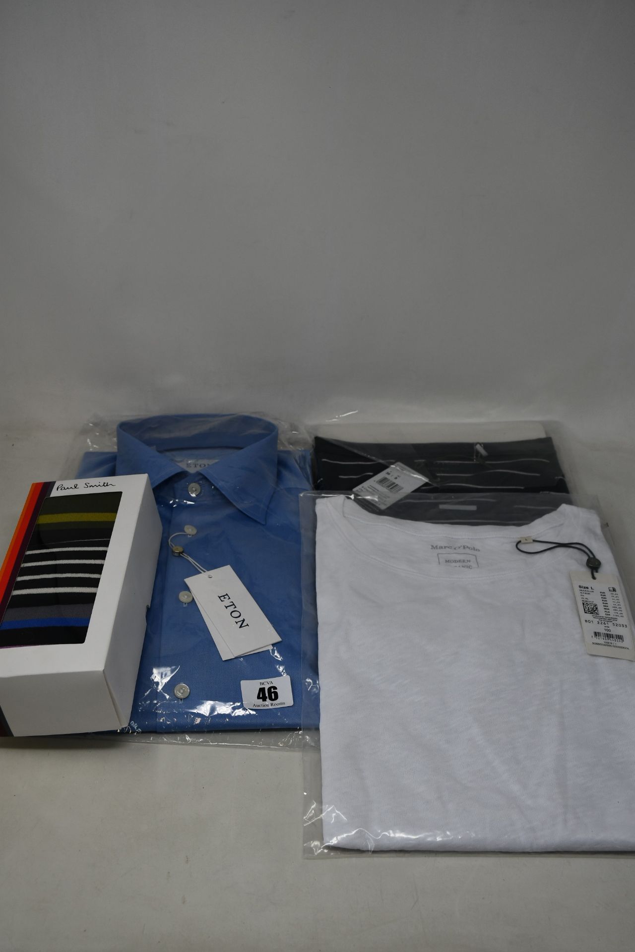 An as new Eton shirt (15"), Henri-Lloyd T-shirt (M), three Marc O'Polo T-shirts (1 xx S, 2 x L)