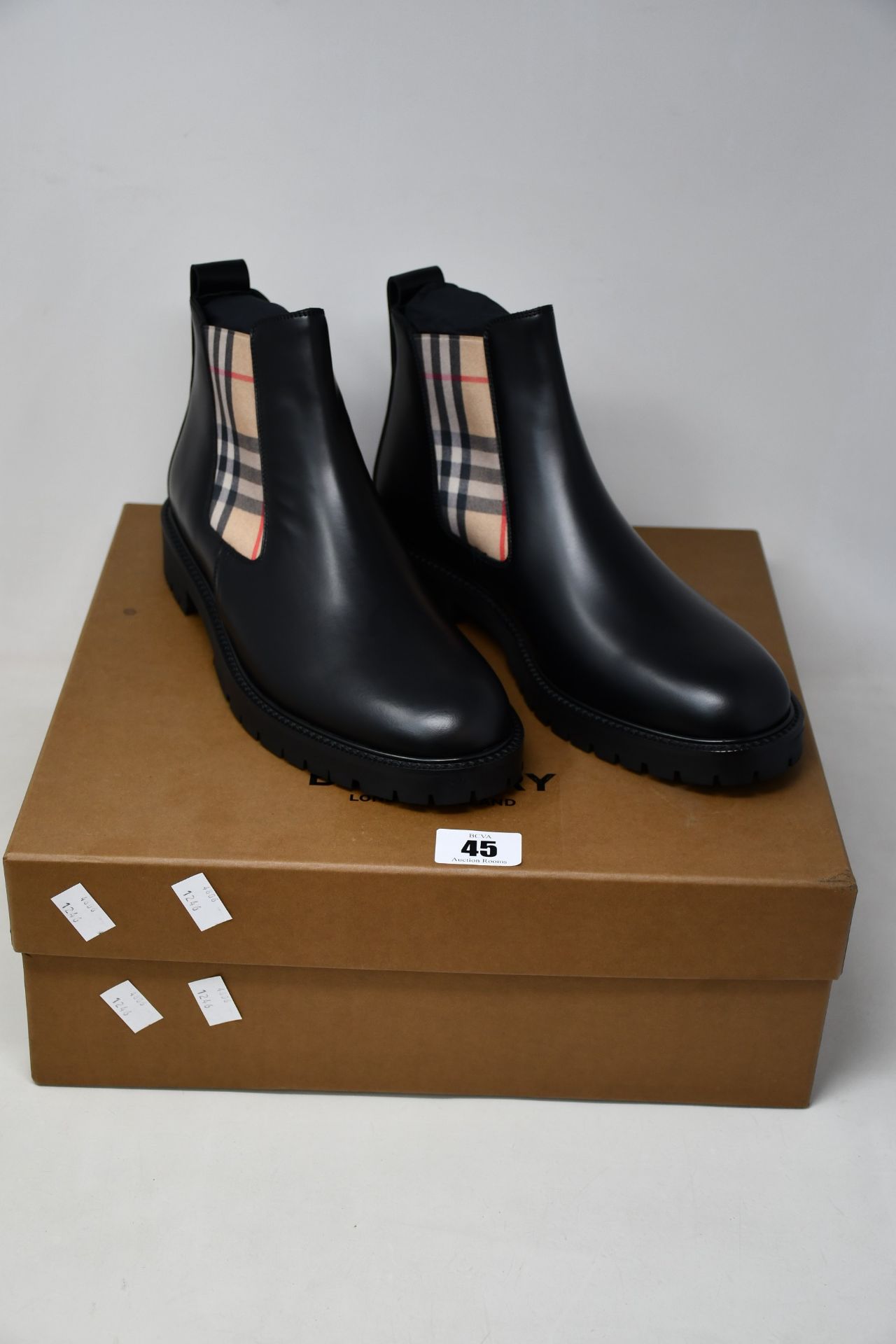 A pair of as new Burberry Vintage Check Detail leather Chelsea boots (UK 8 - RRP £520).