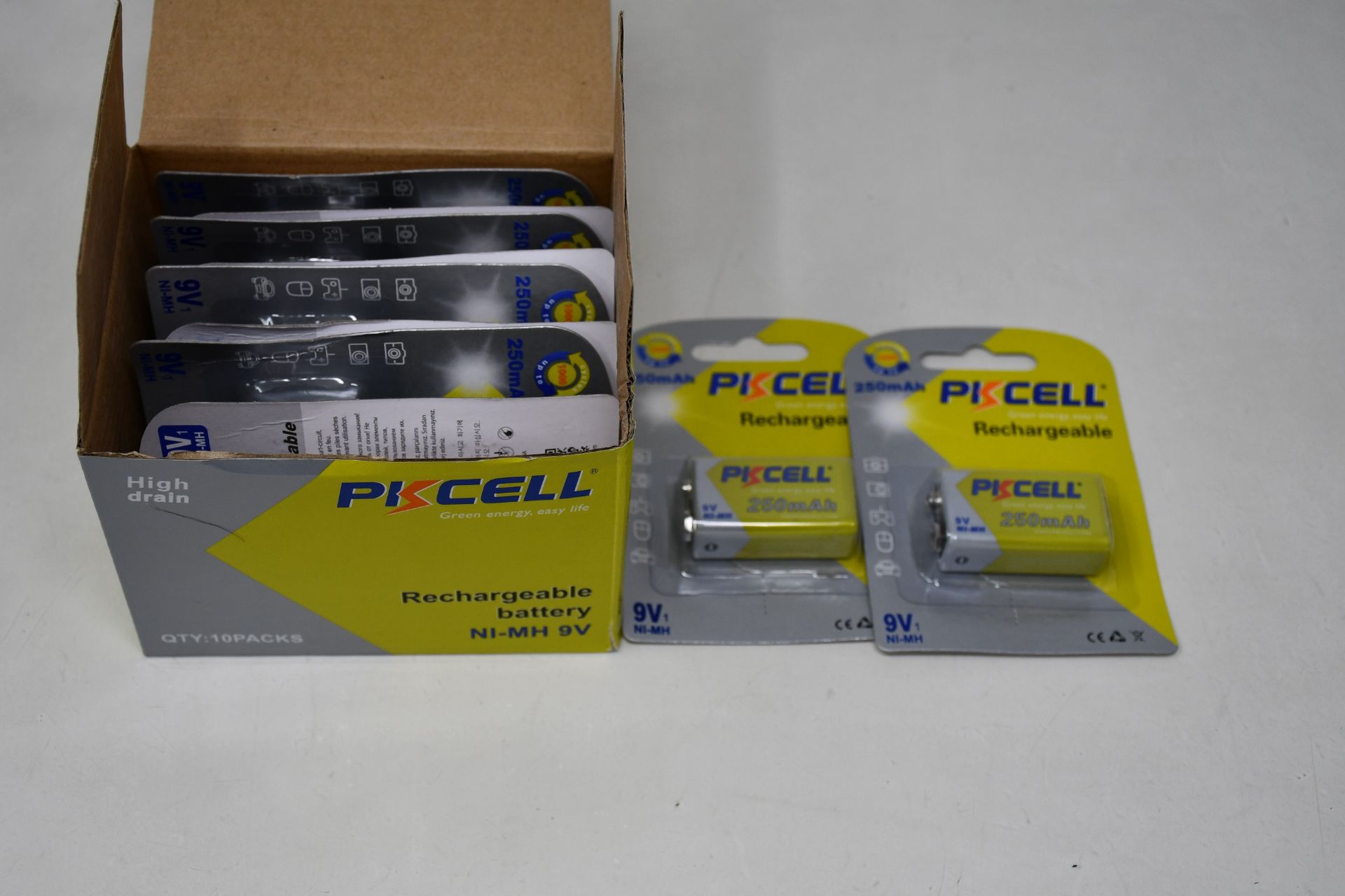 Six as new boxes of ten PKCell NI-MH 9V rechargeable batteries.