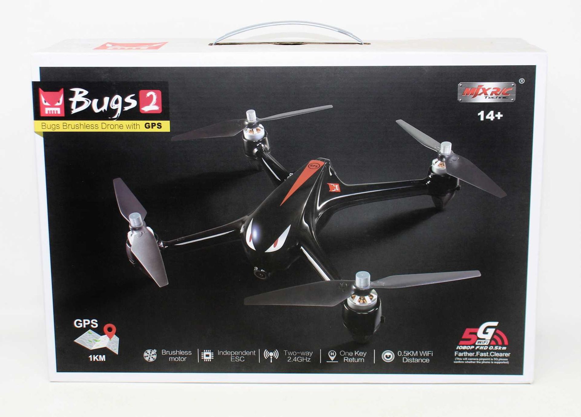 A boxed as new MJX Bugs 2 Brushless GPS Quadcopter Drone (UK plug adapter required) (Box sealed).