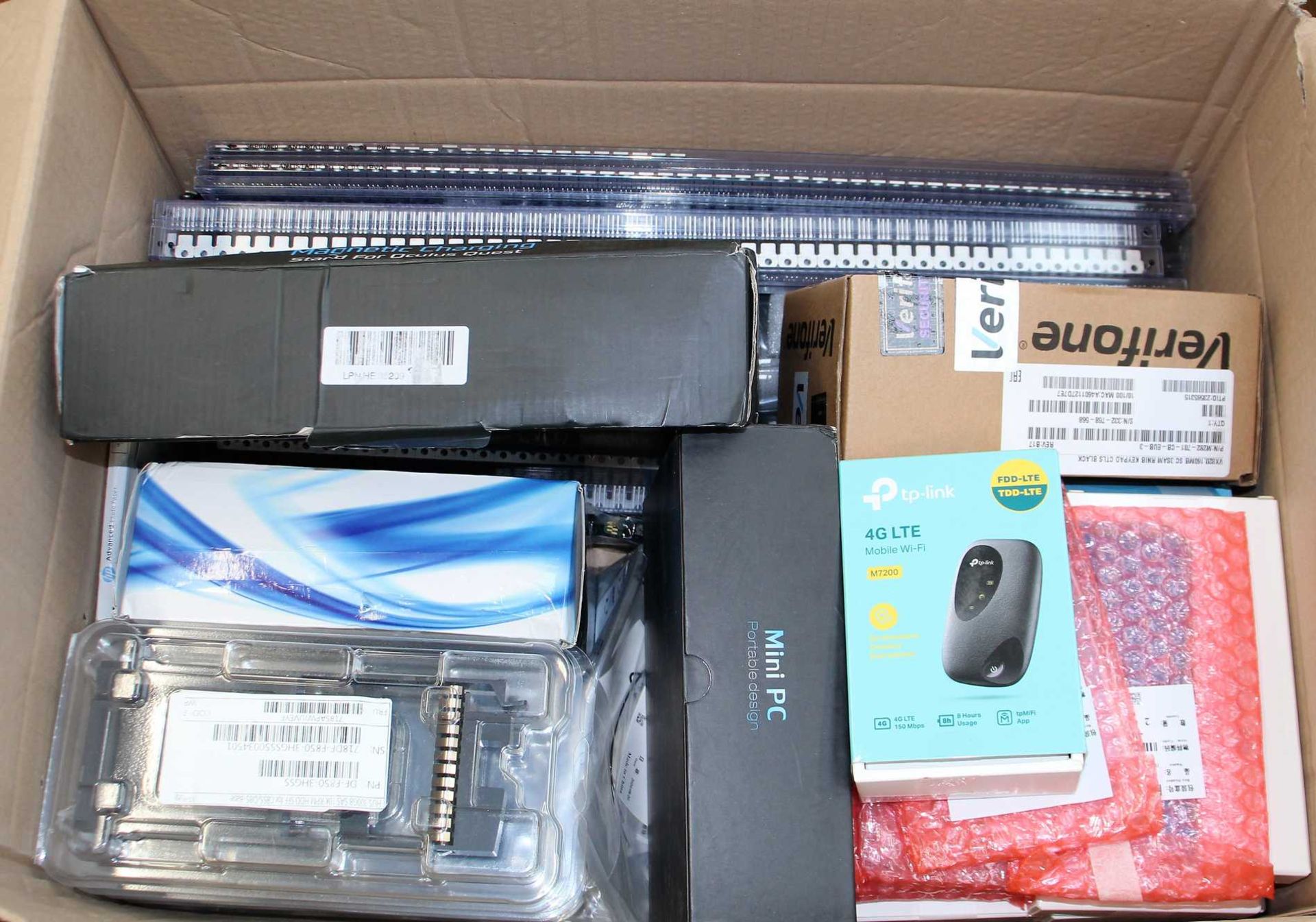 COLLECTION ONLY: A box of assorted new and pre-owned small electrical items and accessories.