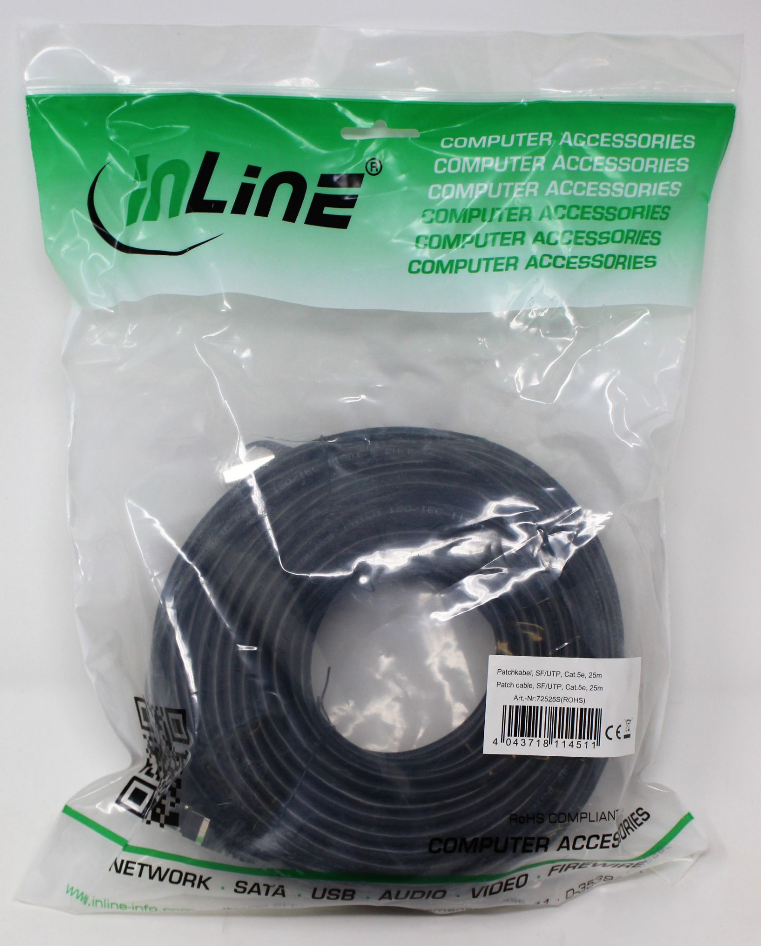 Twenty four as new InLine SF/UTP Cat.5e 25m Patch Cables in Black (ART NO: 72525S ROHS).