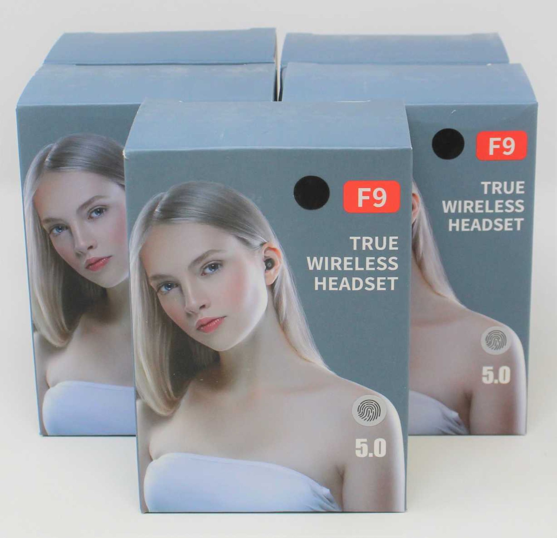 Five boxed as new F9 True Wireless 5.0 Headset Bluetooth earbuds with charging cases (Some damage to