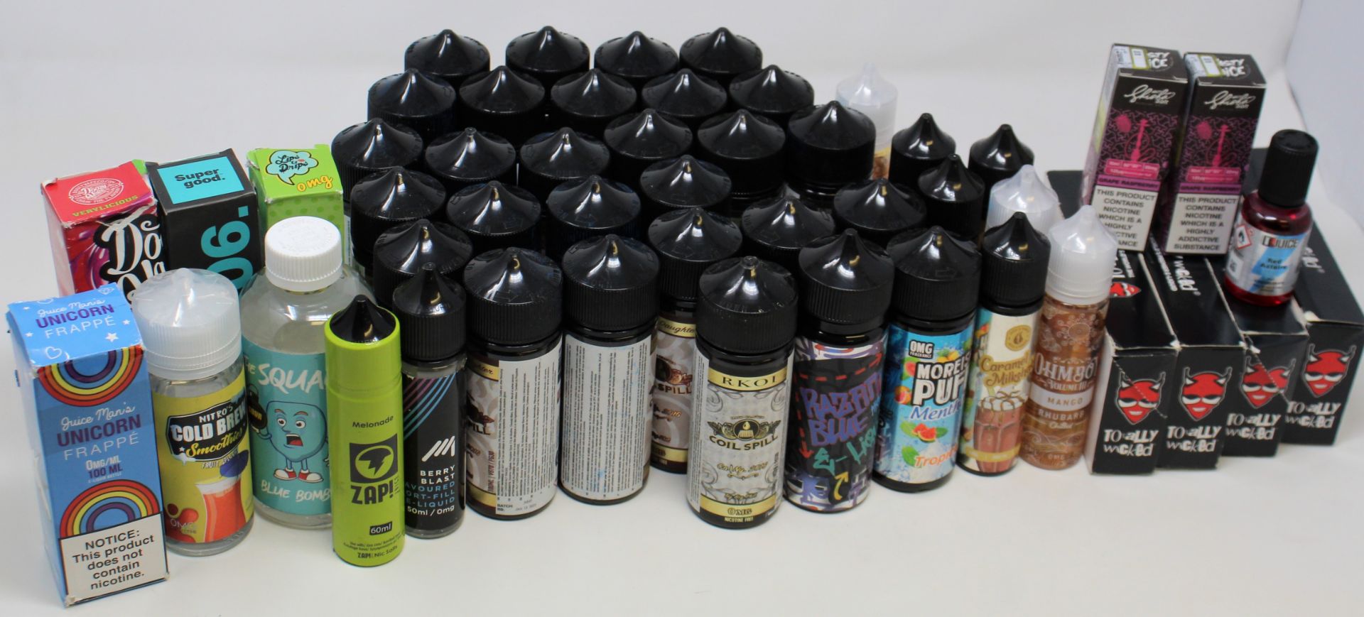 A quantity of assorted E-Liquids to included Juice N' Power, Coil Spill and Totally Wicked (Over